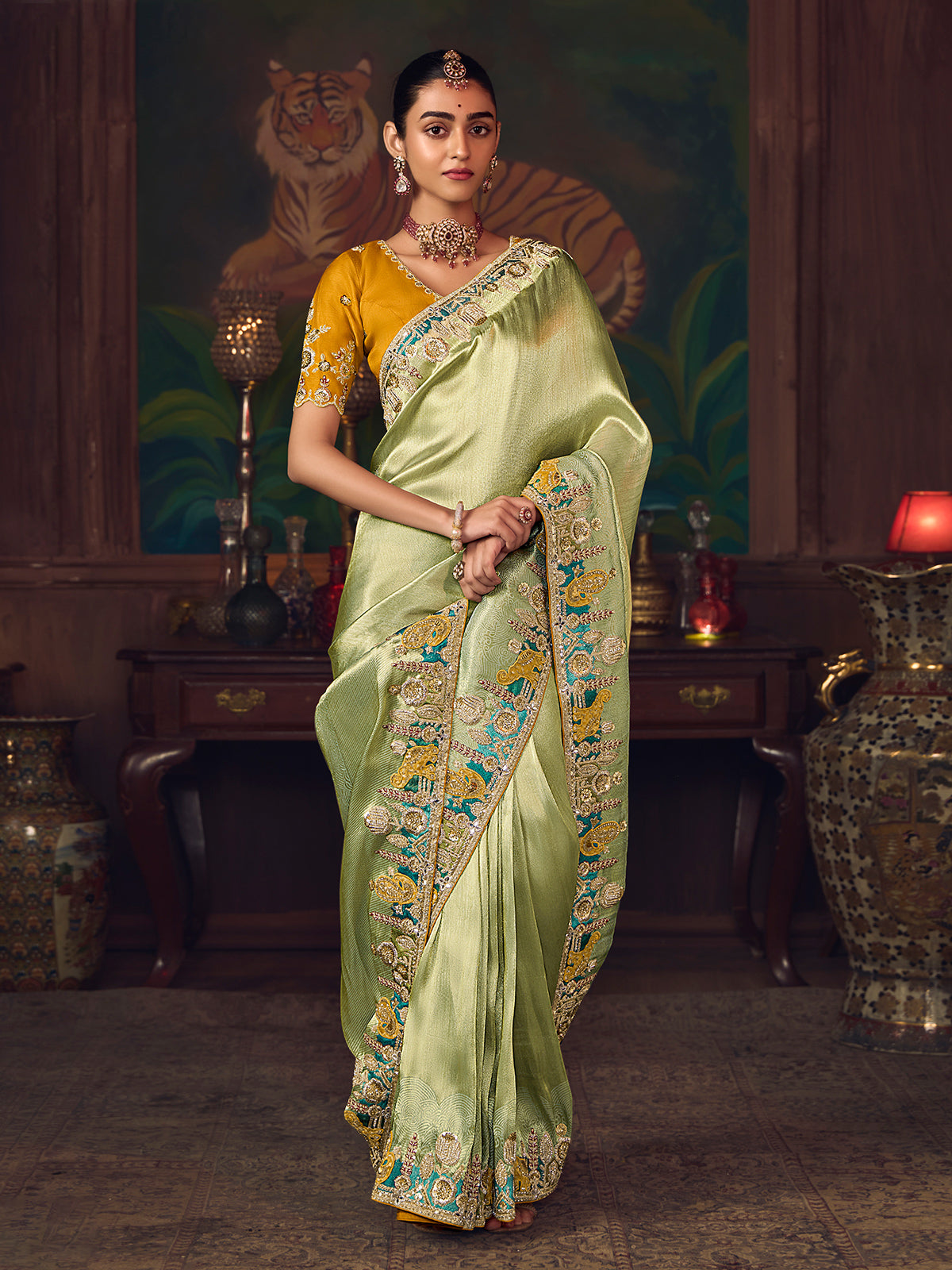 Pista green silk embroidered wedding saree