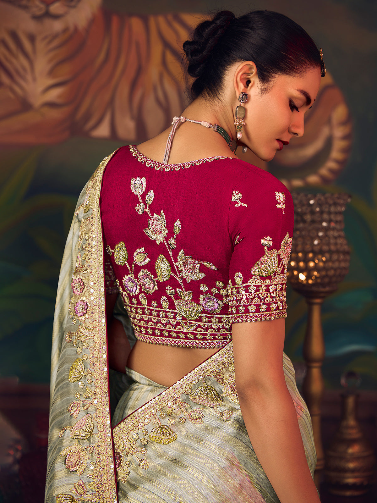 Sage green silk embroidered reception saree