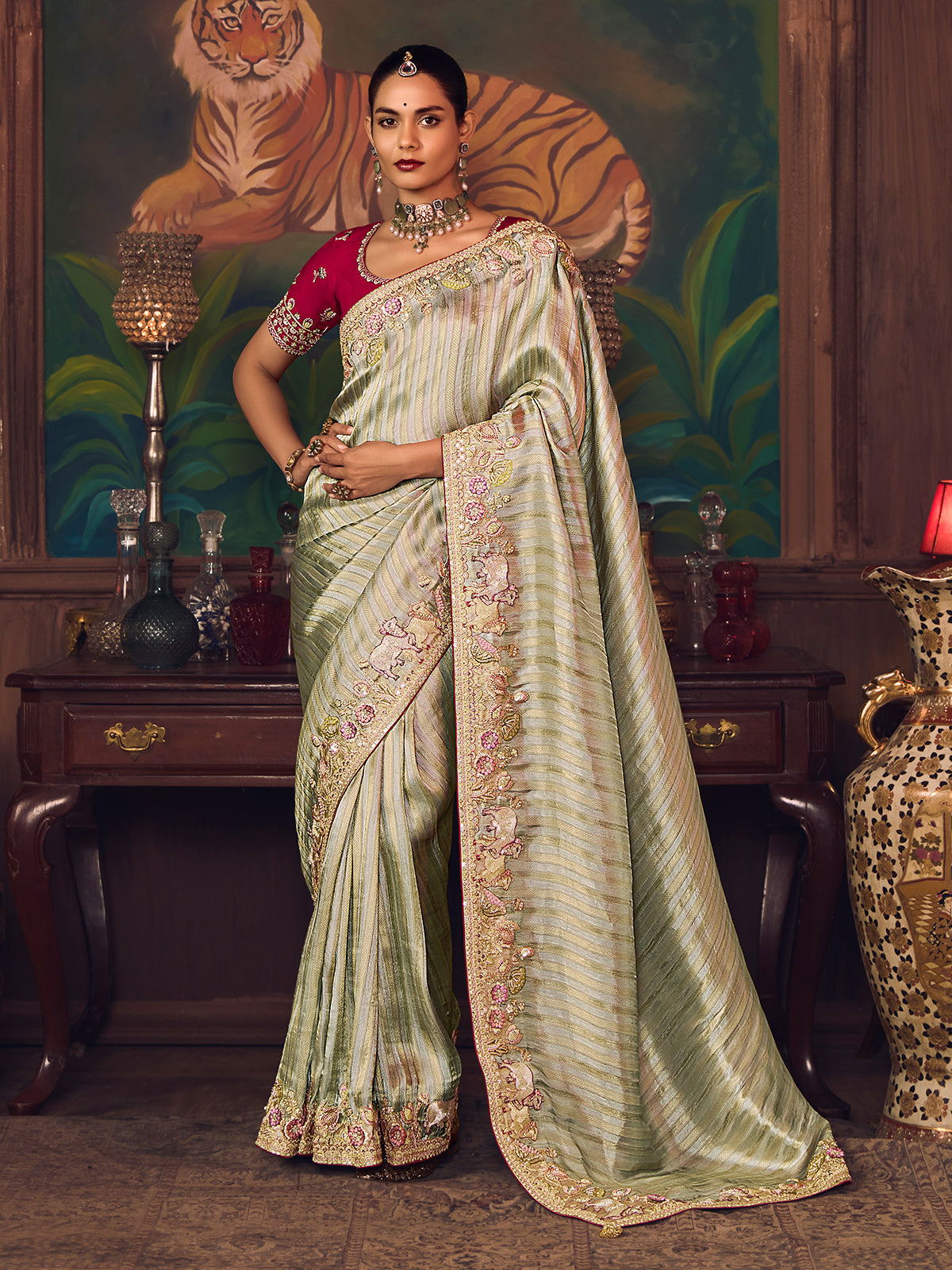 Sage green silk embroidered reception saree