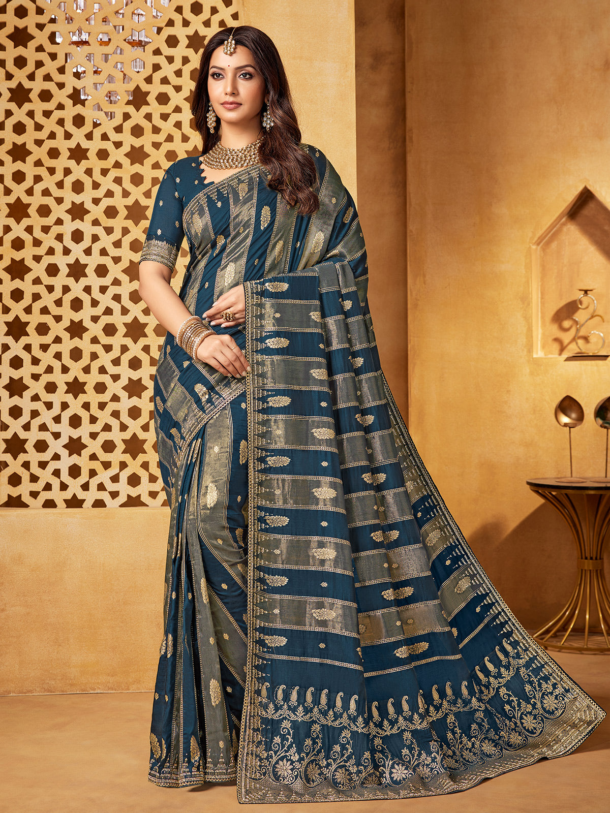 Rama blue viscose embellished festive saree