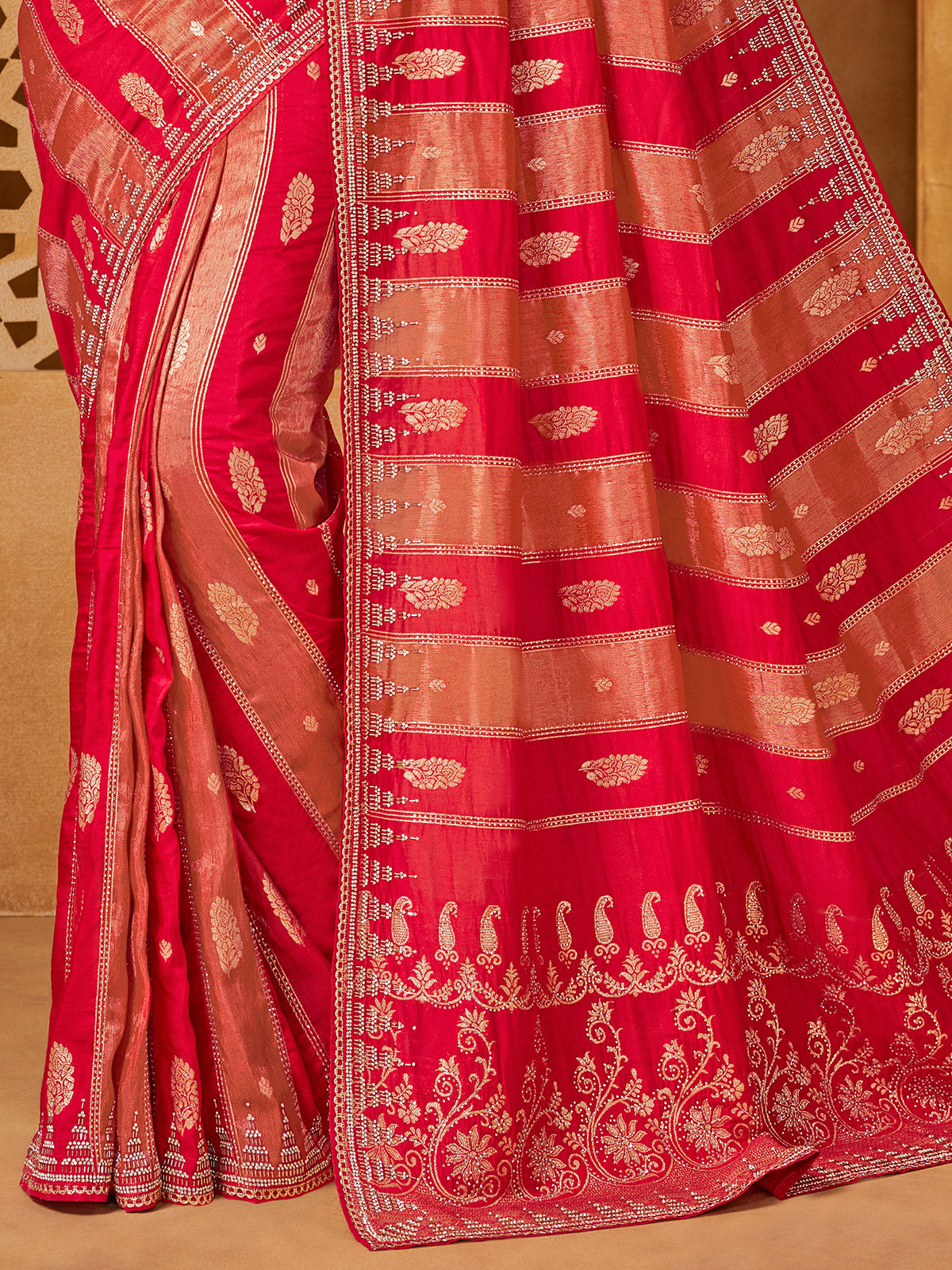 Red viscose embellished wedding saree