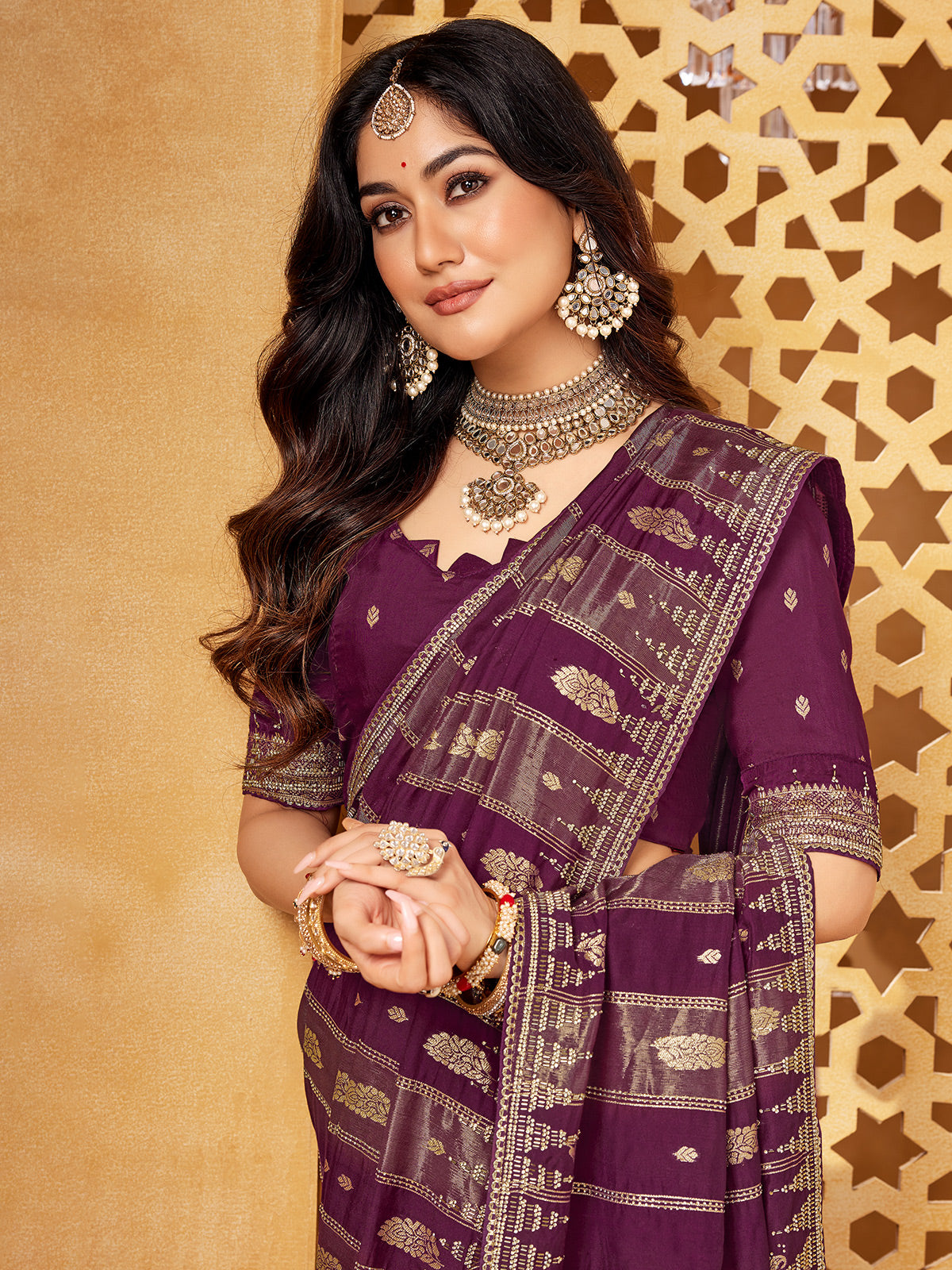 Purple viscose embellished festive saree
