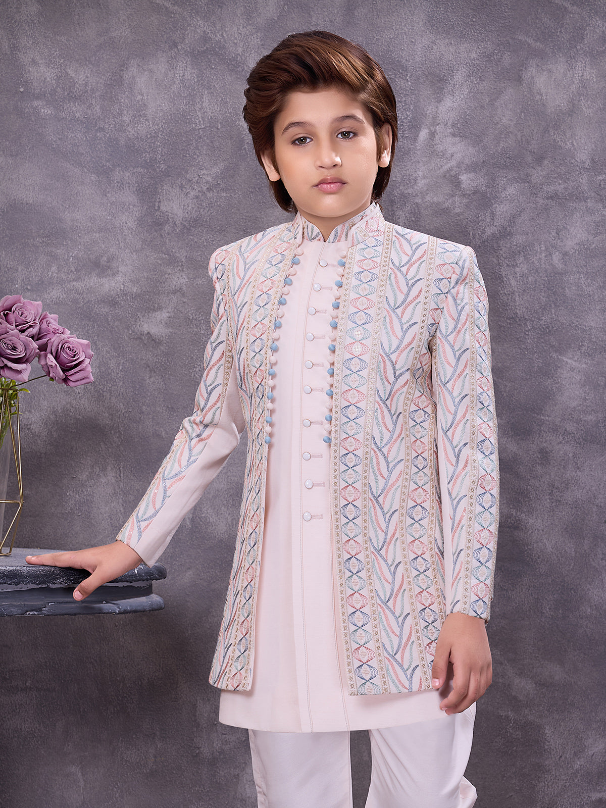Soft pink jacquard ornate jacket indowestern