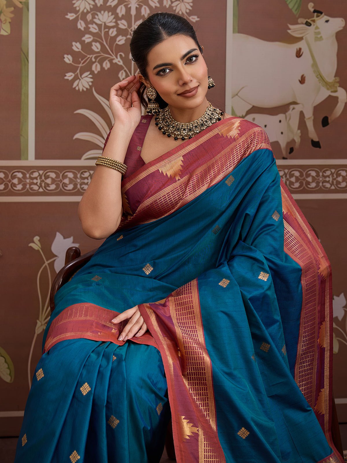 Peacock blue tussar silk zari handloom saree