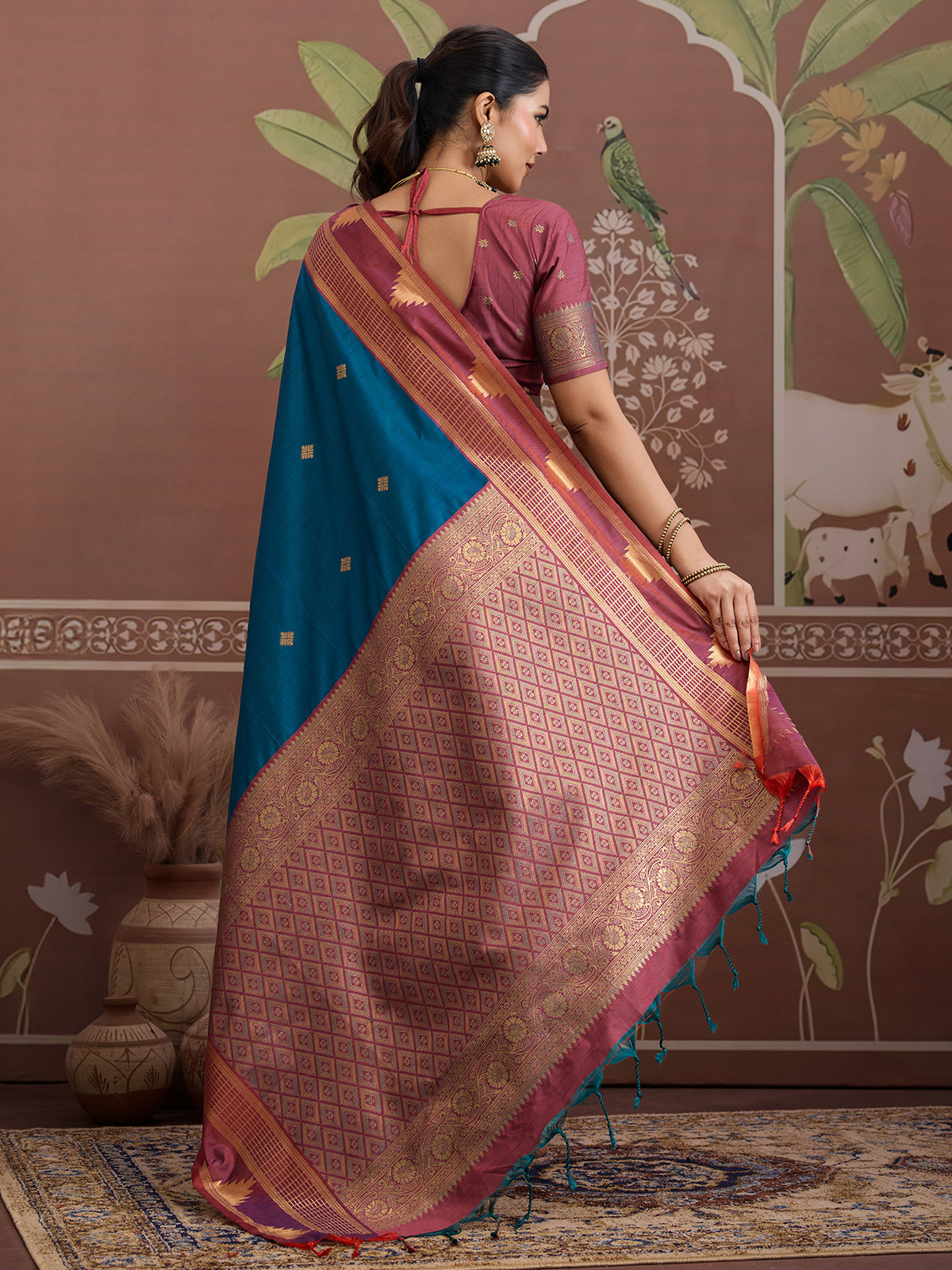 Peacock blue tussar silk zari handloom saree