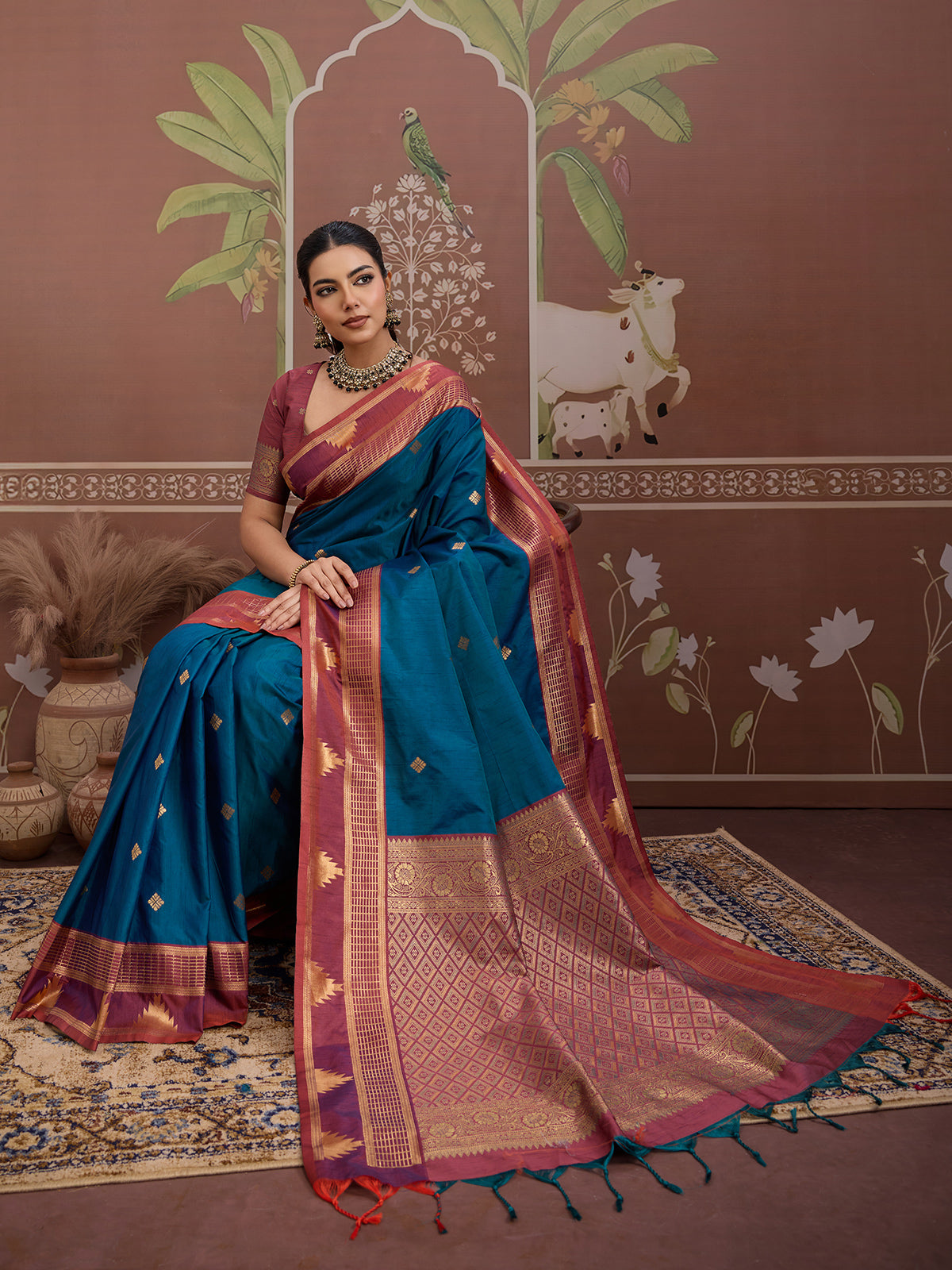 Peacock blue tussar silk zari handloom saree