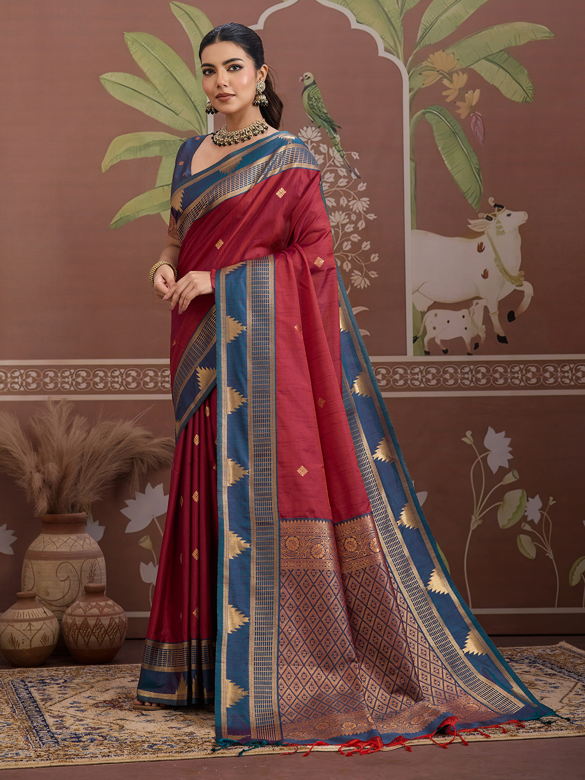 Maroon tussar silk saree with zari weaving