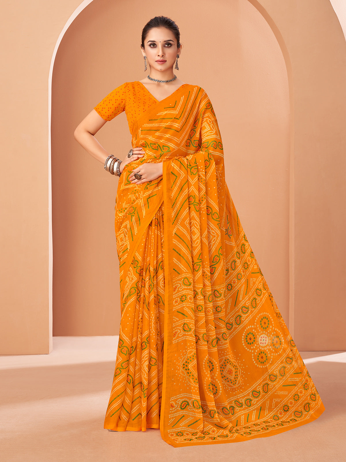 Mustard yellow bandhani chiffon saree for women
