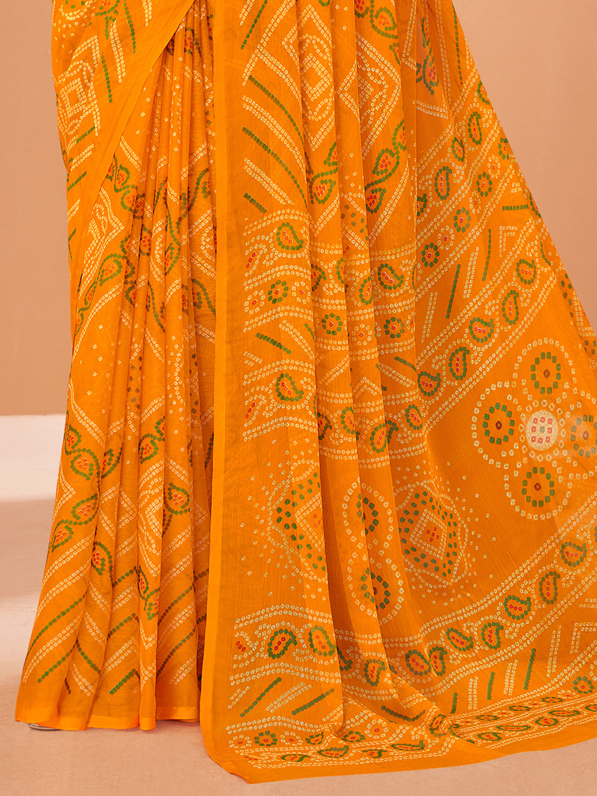 Mustard yellow bandhani chiffon saree for women