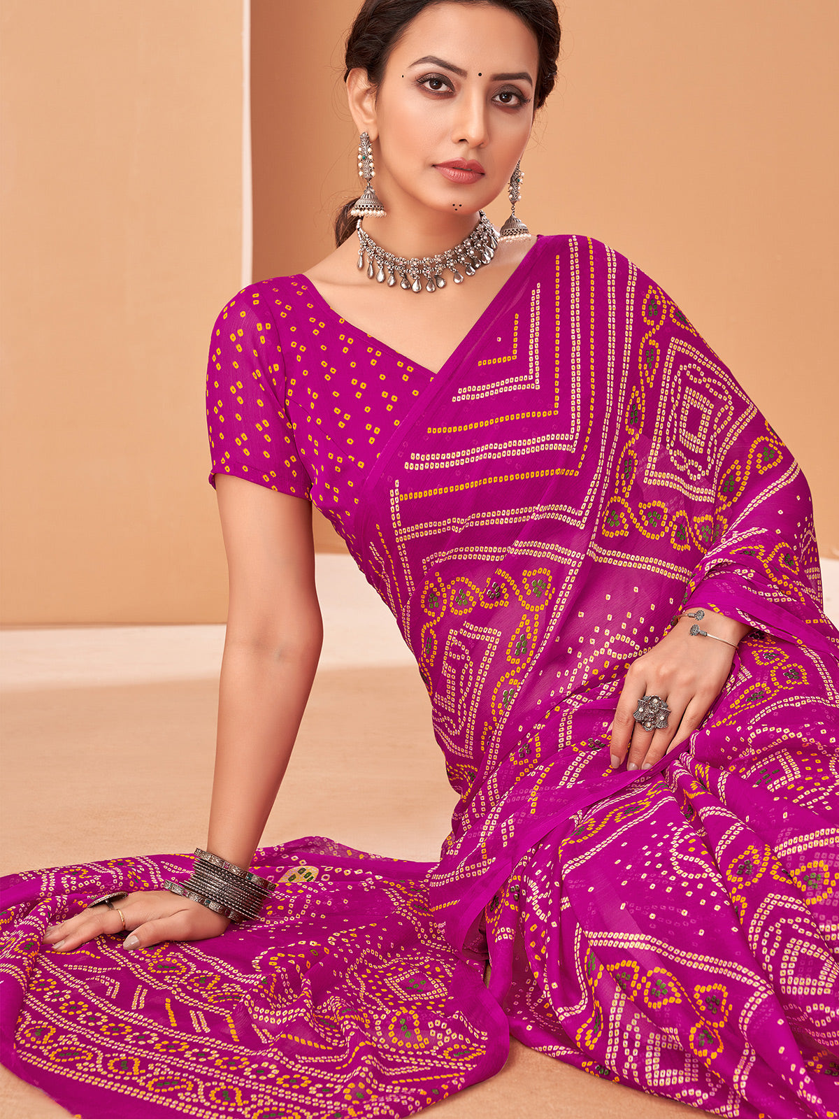 Pink bandhani printed chiffon saree