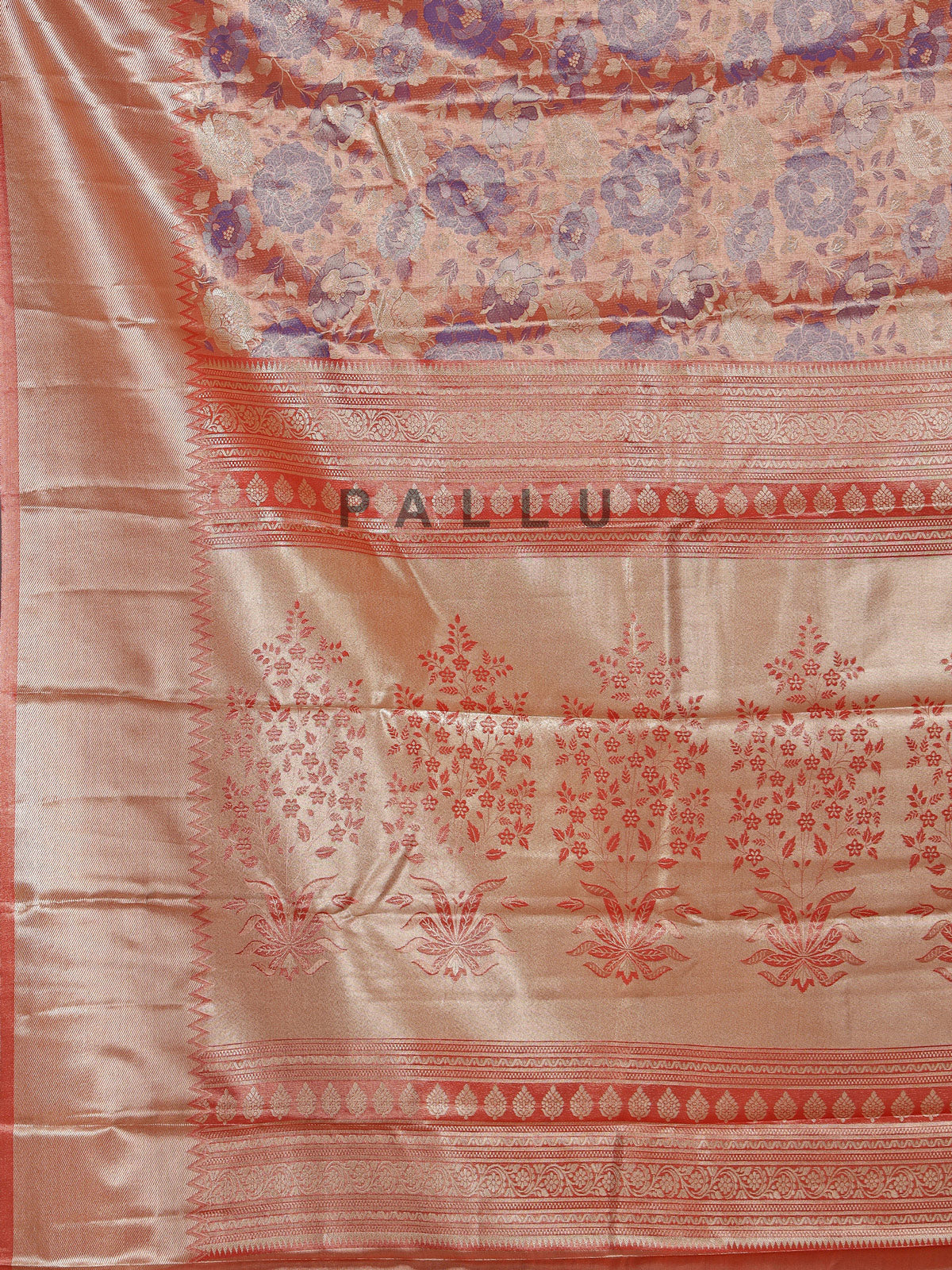 Peach floral printed kanjivaram silk zari saree