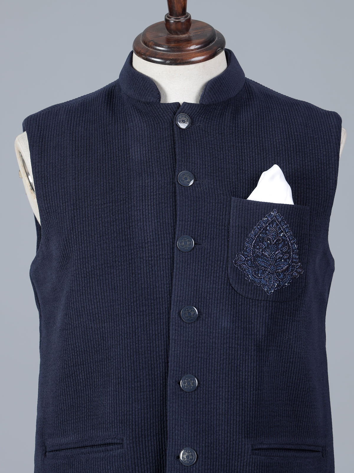 Navy blue woolen waistcoat with zardosi on pocket