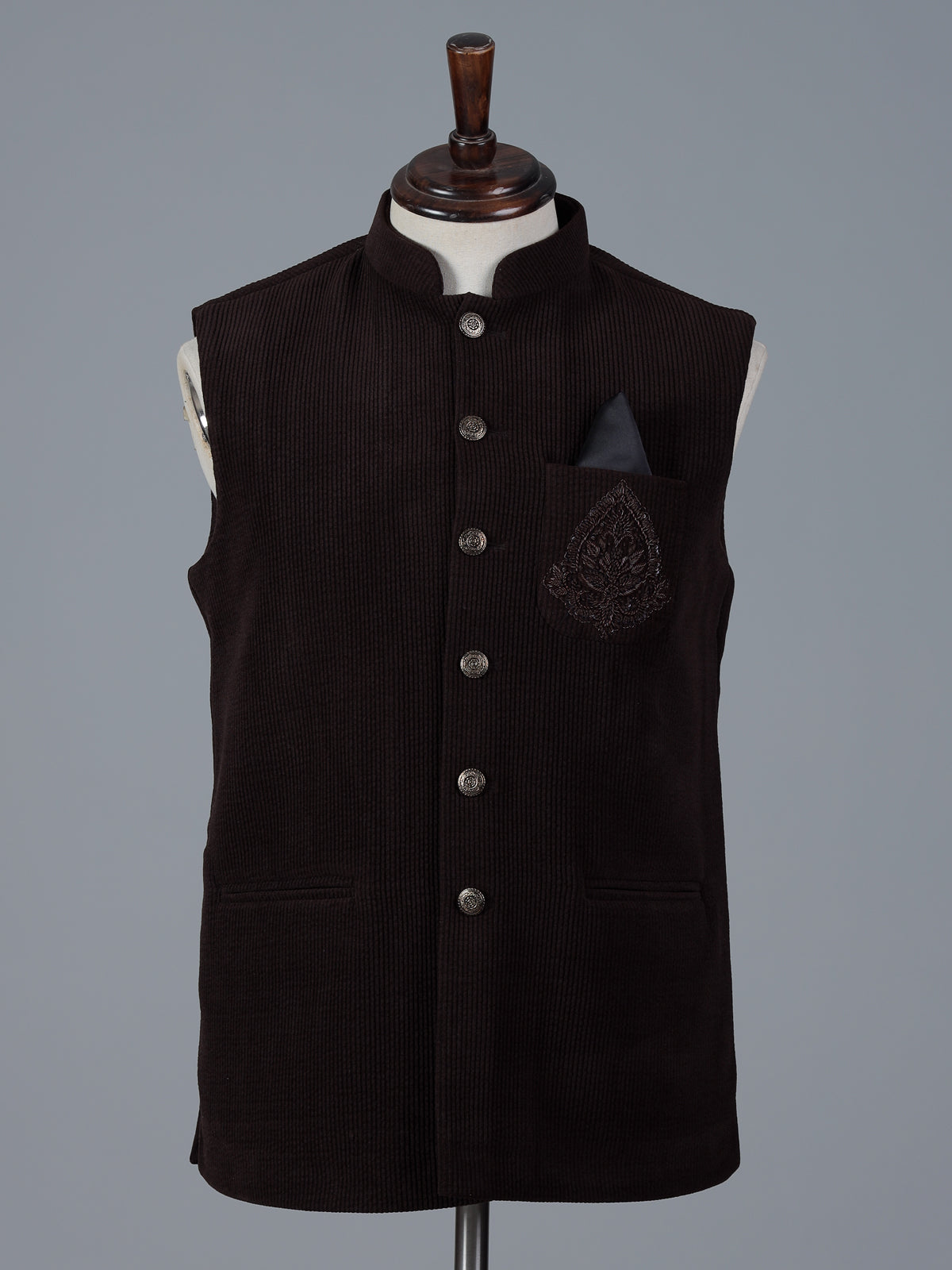 Dark brown woolen waistcoat with embellished pocket