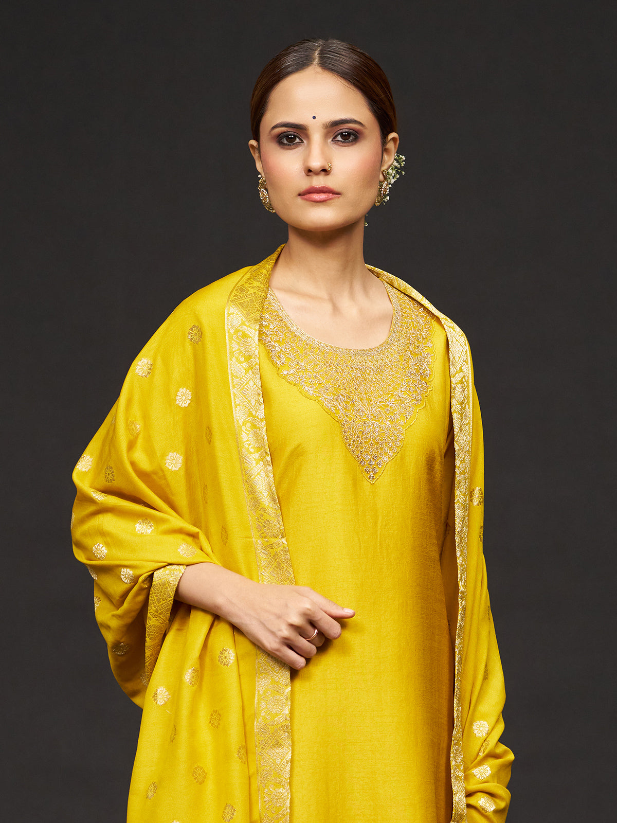 Mustard yellow resham and sequins work silk kurti set
