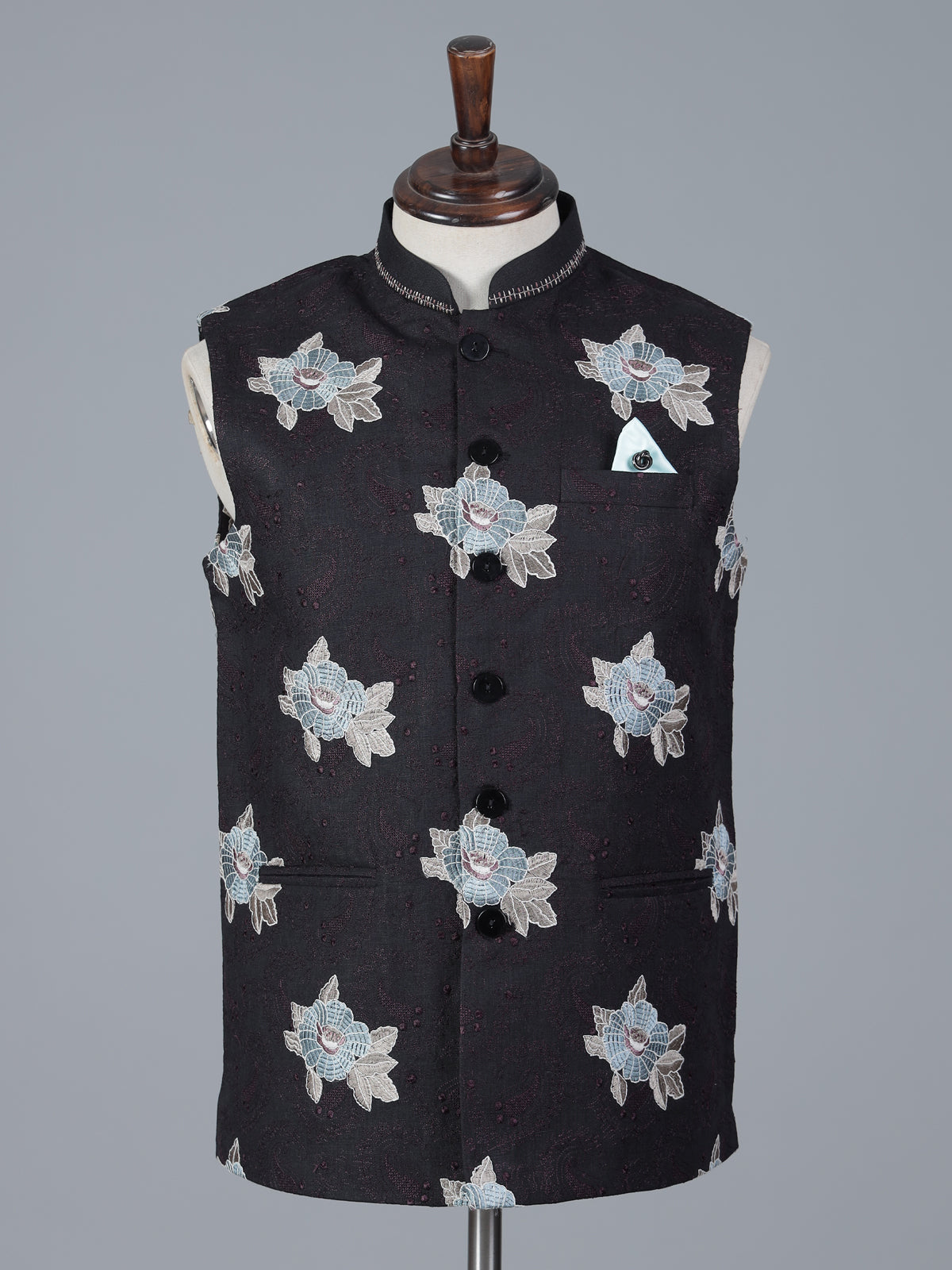 Black cotton waistcoat with embroidered detail