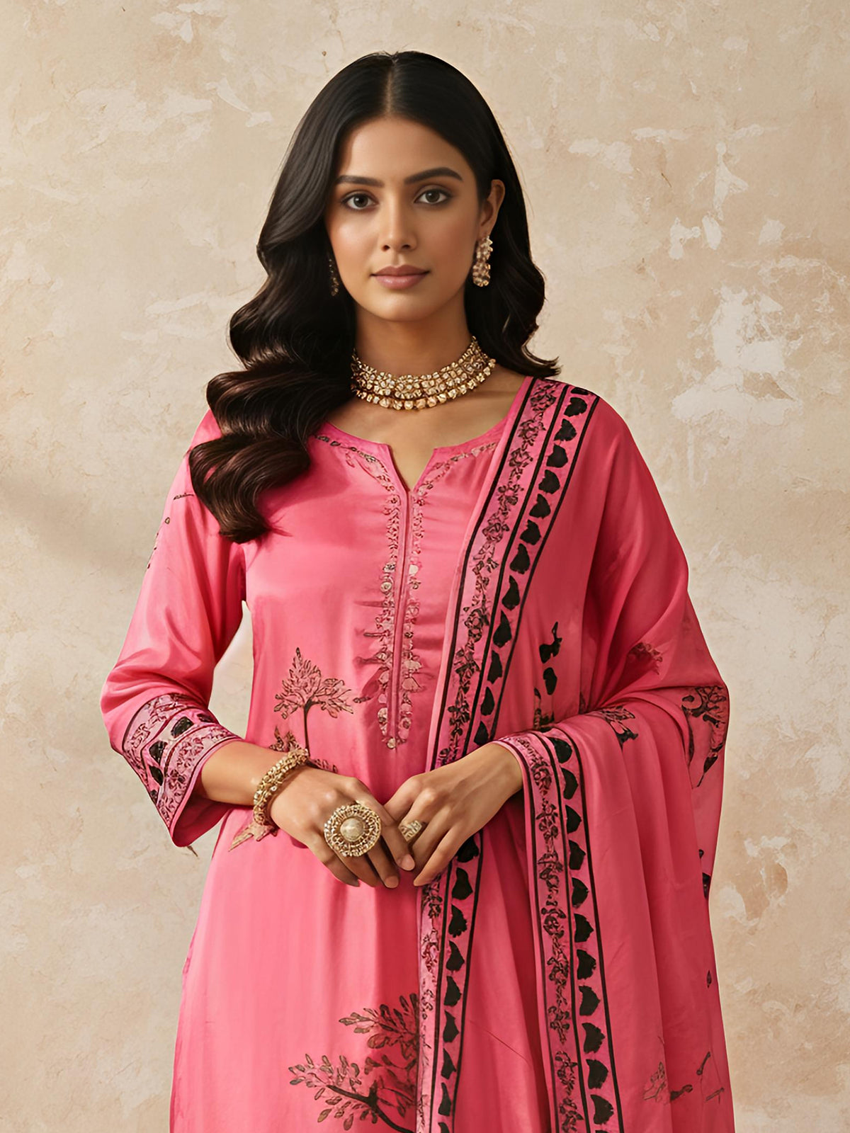 Pink printed thread and sequins palazzo kurti set