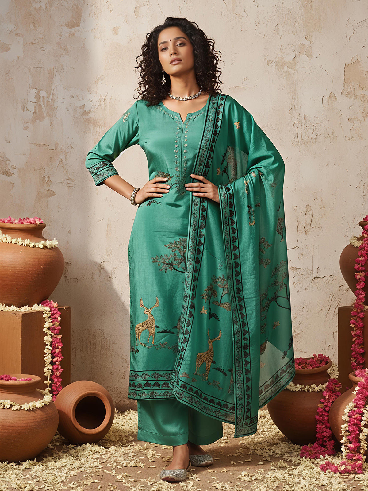 Rama green printed thread and sequins palazzo kurti set