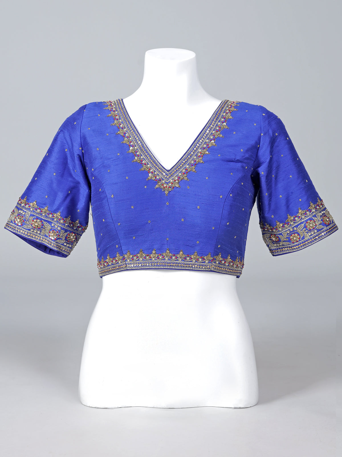 Blue raw silk zardosi V neck designer blouse