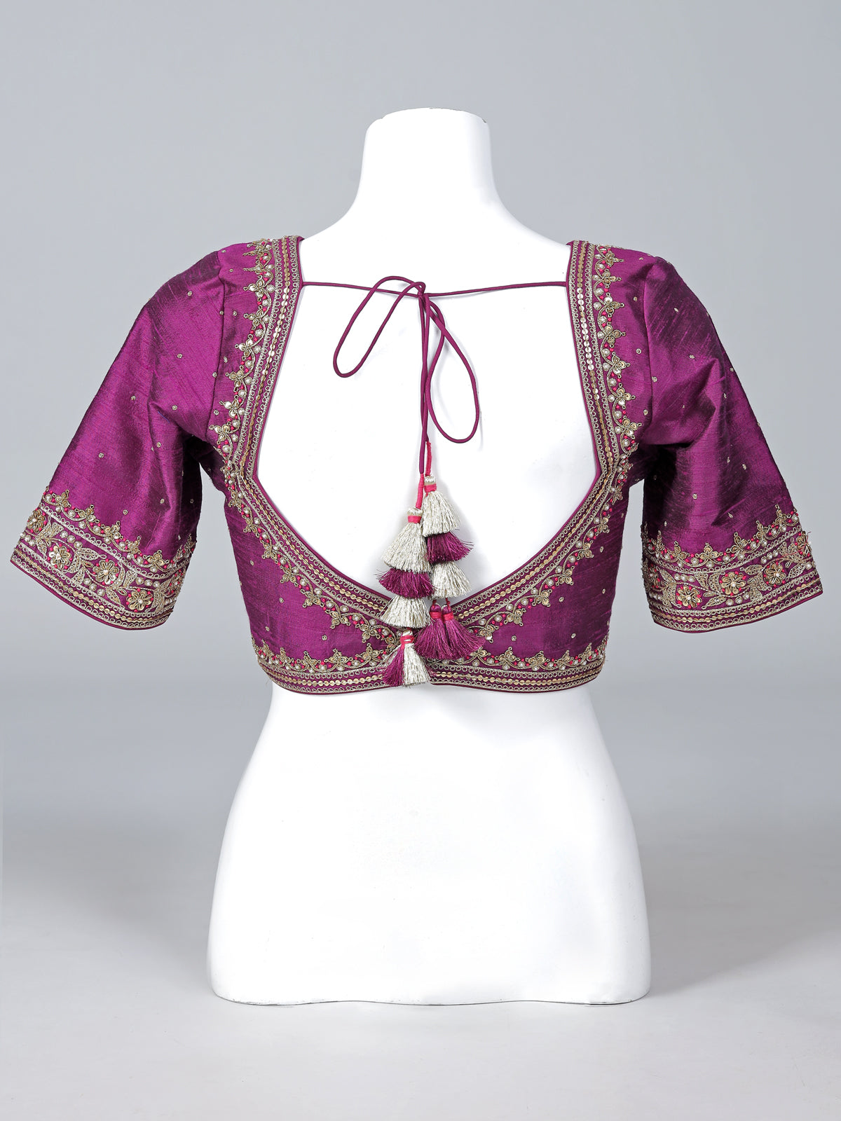 Purple raw silk embellished V neck blouse