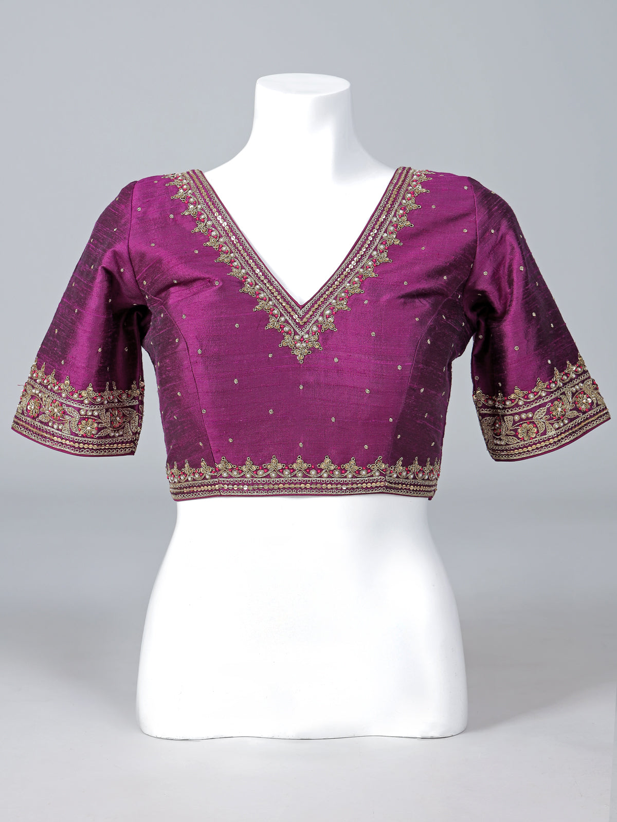 Purple raw silk embellished V neck blouse
