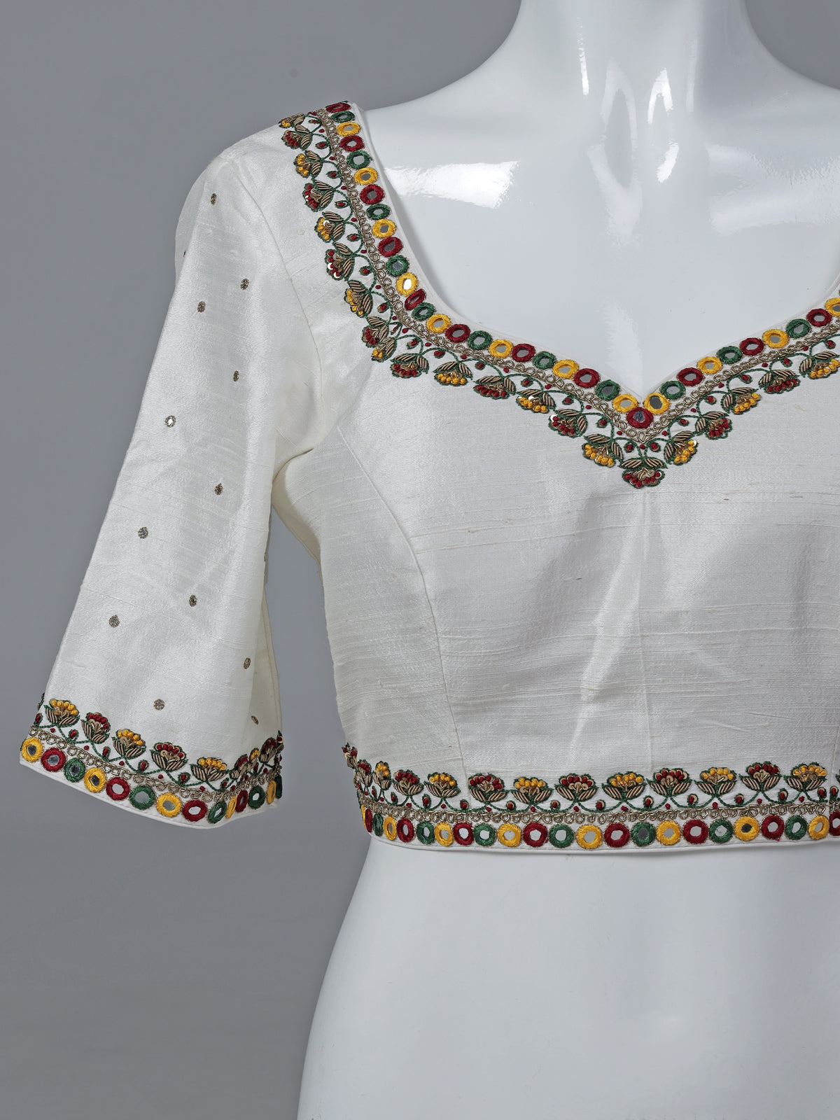 White raw silk mirror work sweetheart neck blouse