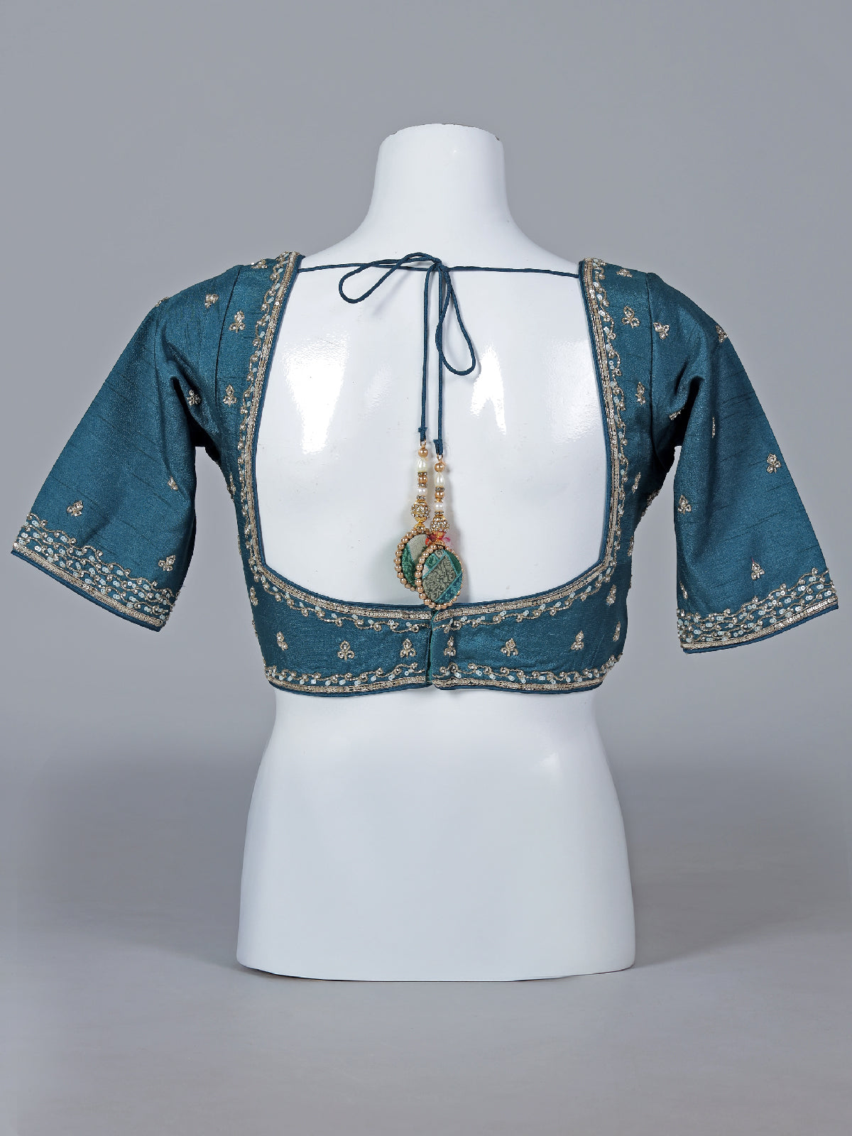 Rama blue printed modal silk blouse with cutdana work