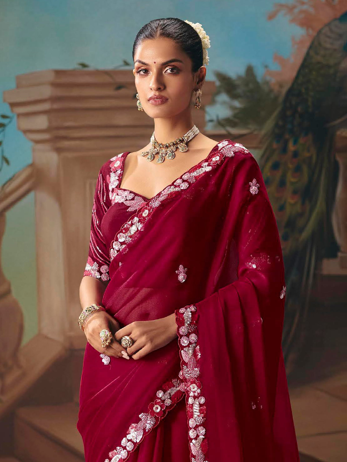 Wine fancy tissue silk embroidered saree