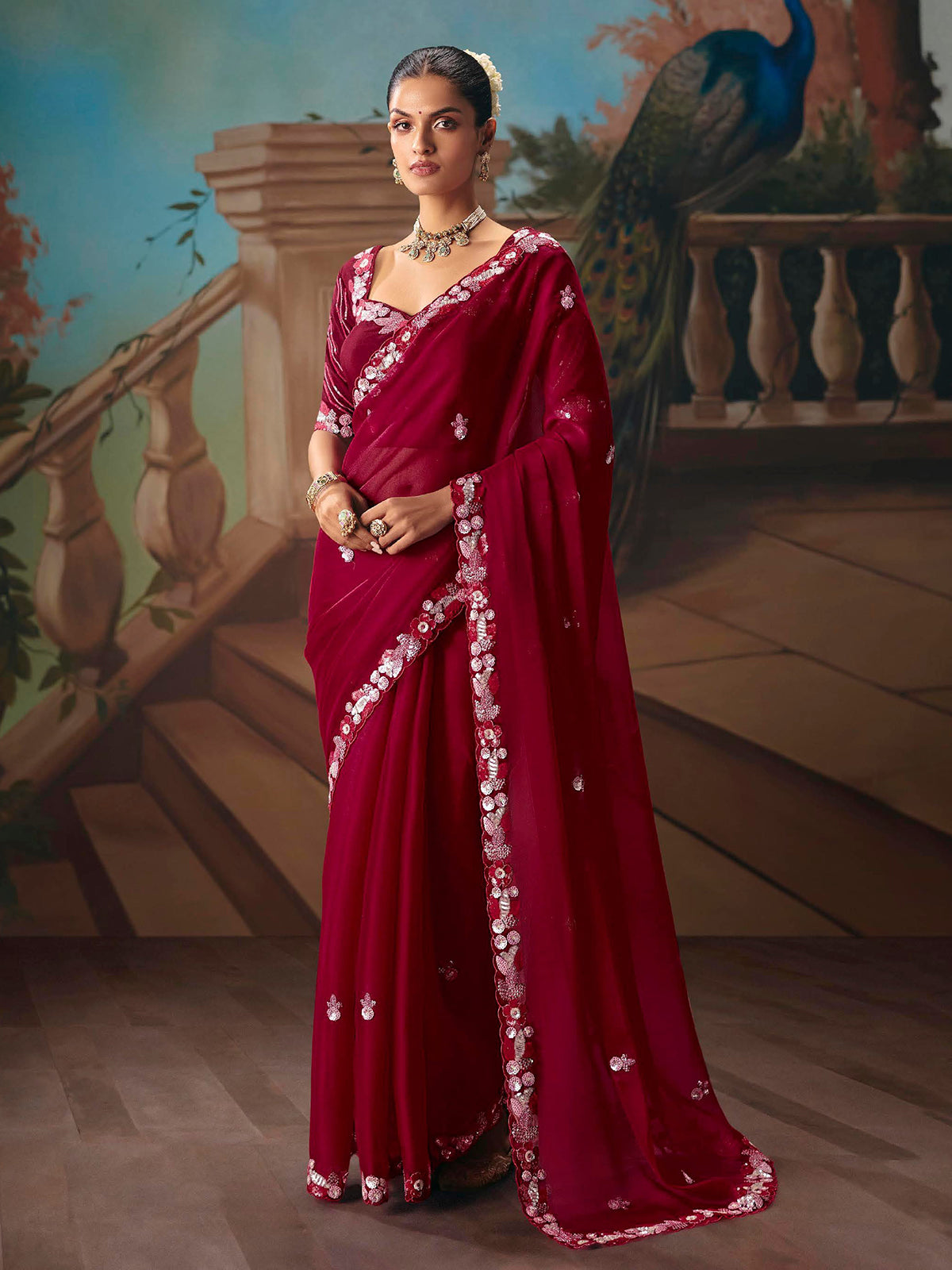 Wine fancy tissue silk embroidered saree