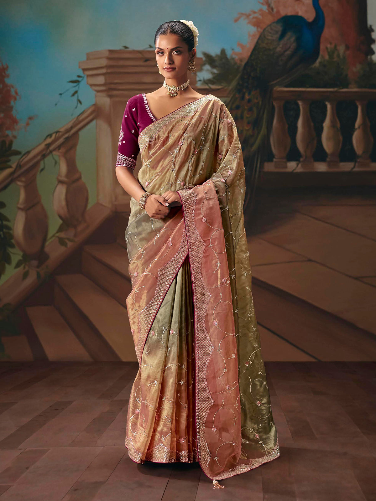 Multicolor shaded fancy tissue silk saree for women with unstitched blouse