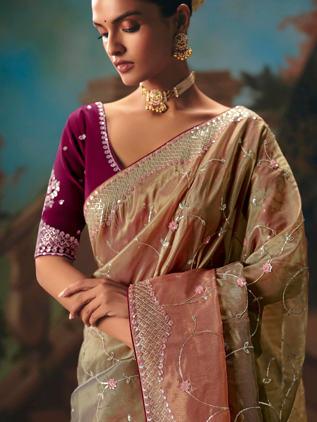 Multicolor shaded fancy tissue silk saree for women with unstitched blouse