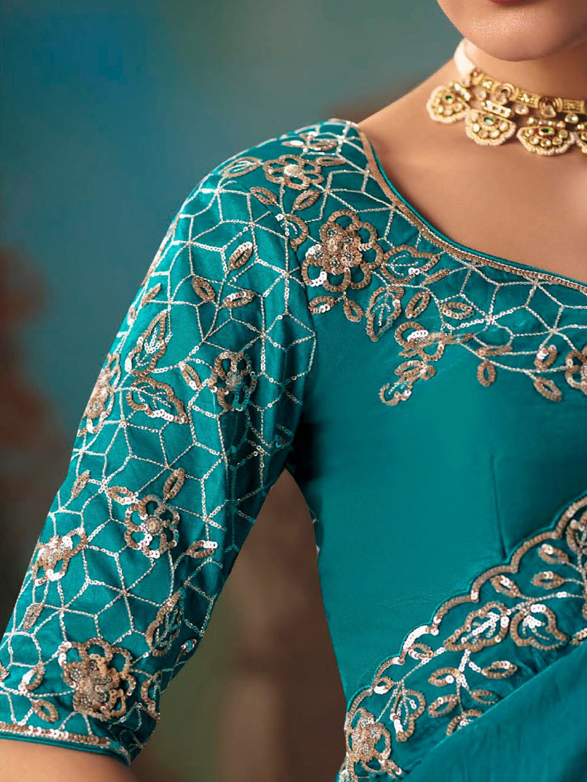 Aqua blue chiffon silk festive saree