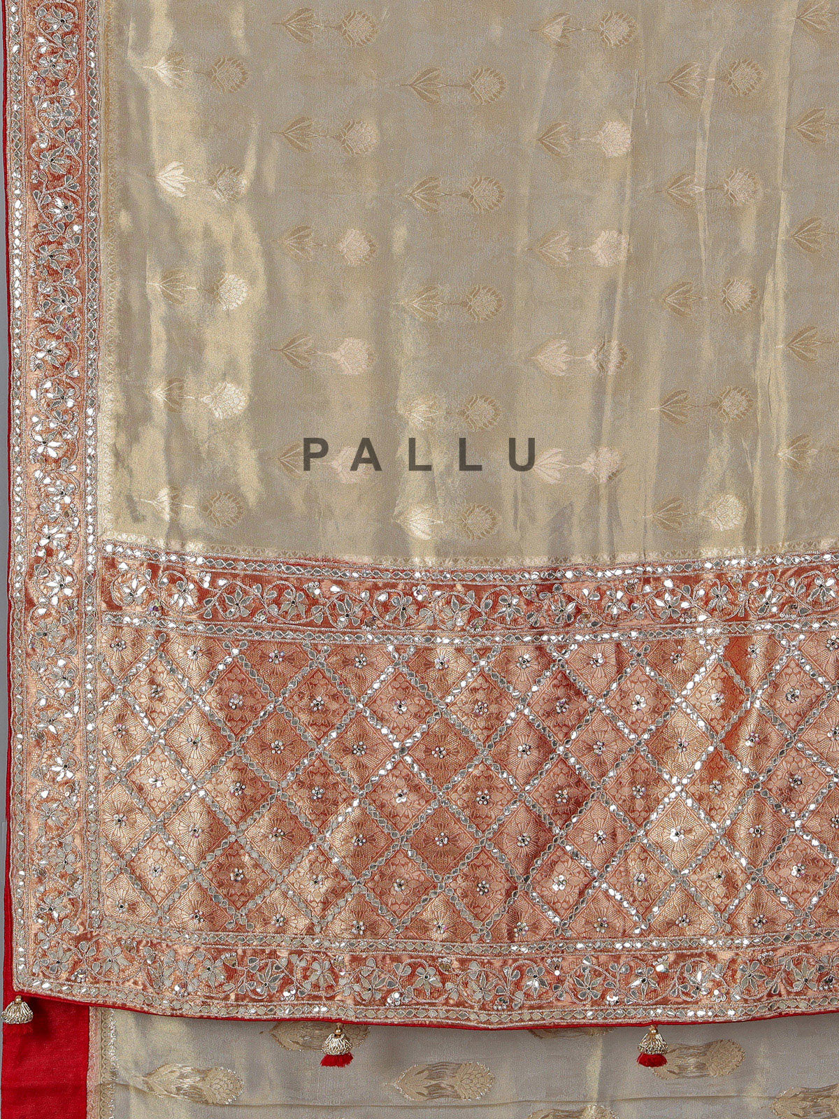 Cream shimmer tissue silk saree with festive border