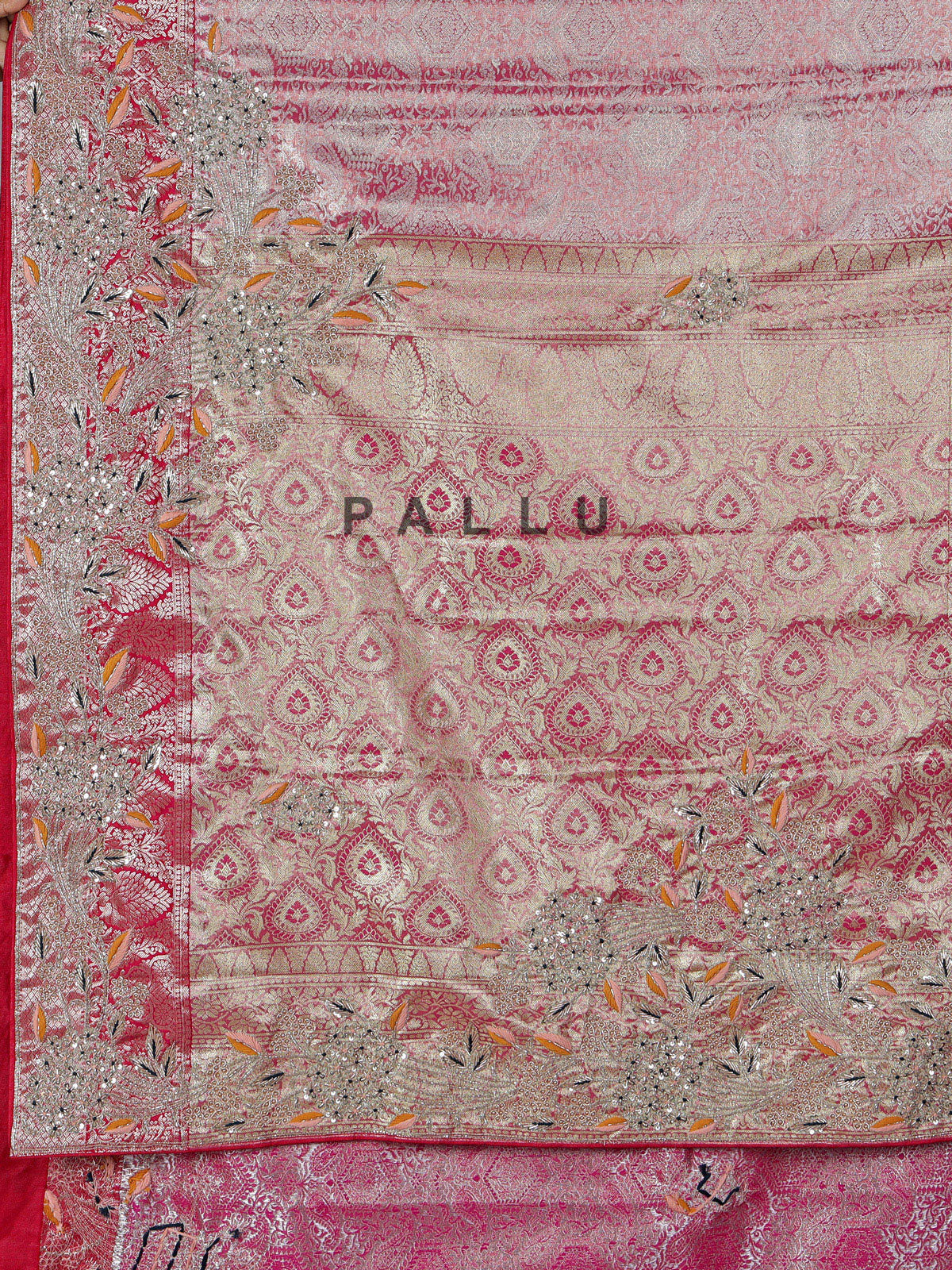 Rani pink semi kanjivaram silk saree with zardosi work
