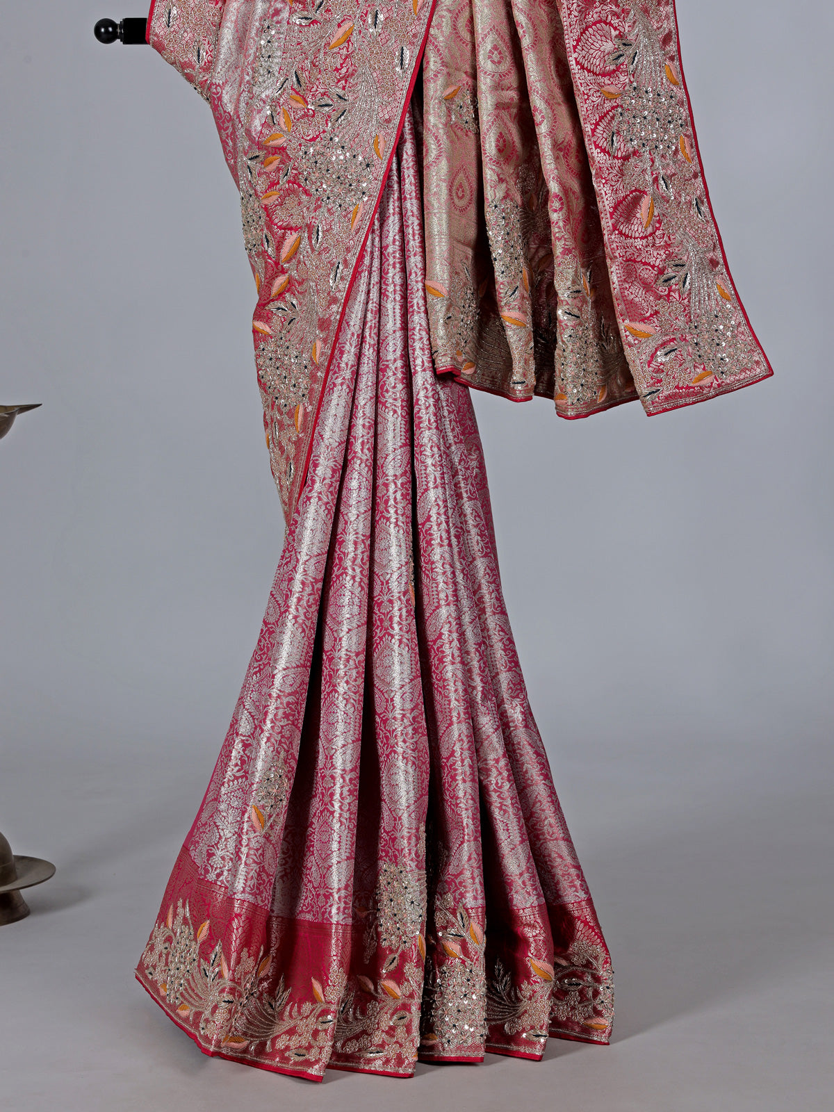 Rani pink semi kanjivaram silk saree with zardosi work