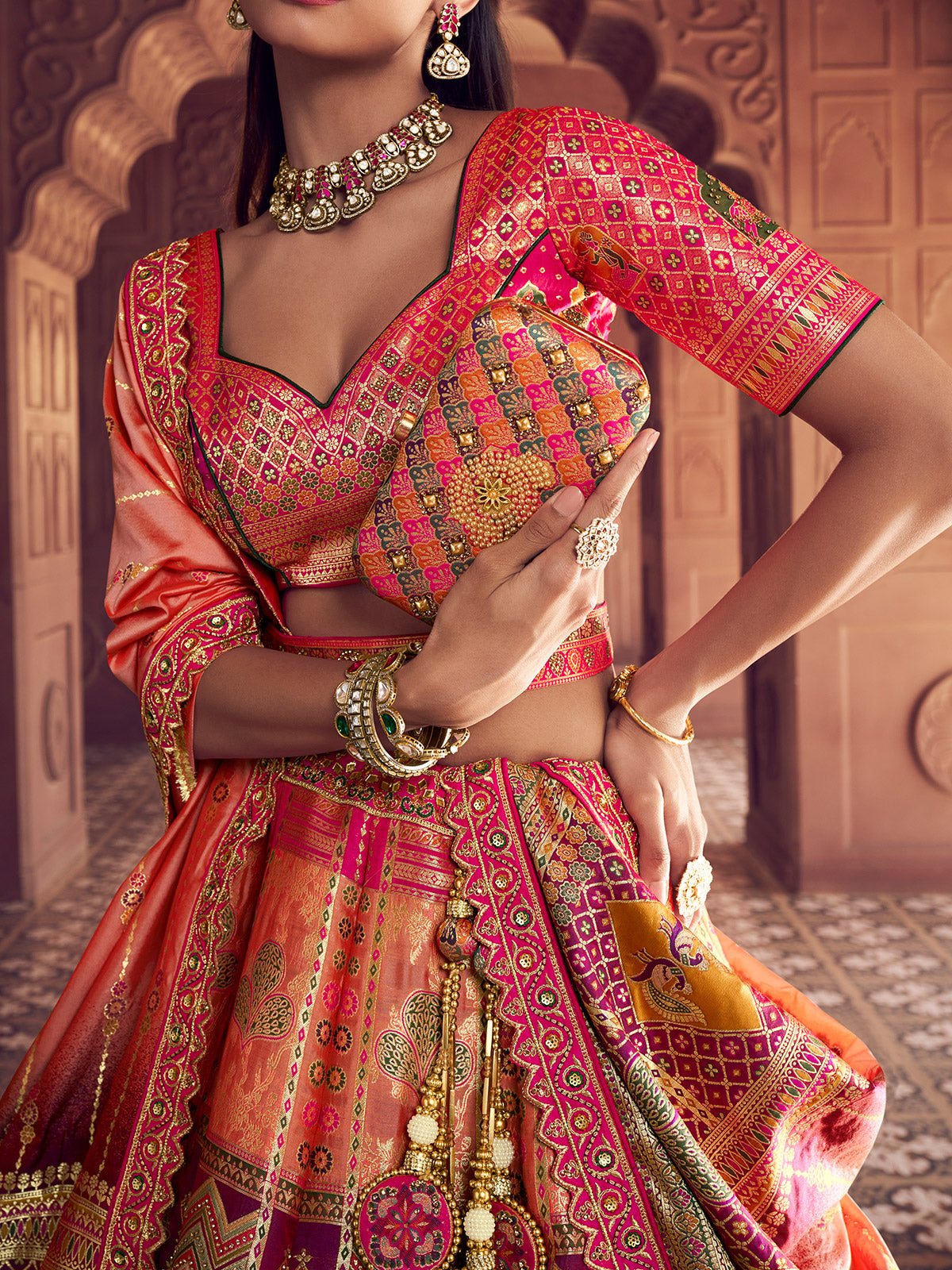 pink wedding wear silk lehenga choli in banarasi silk
