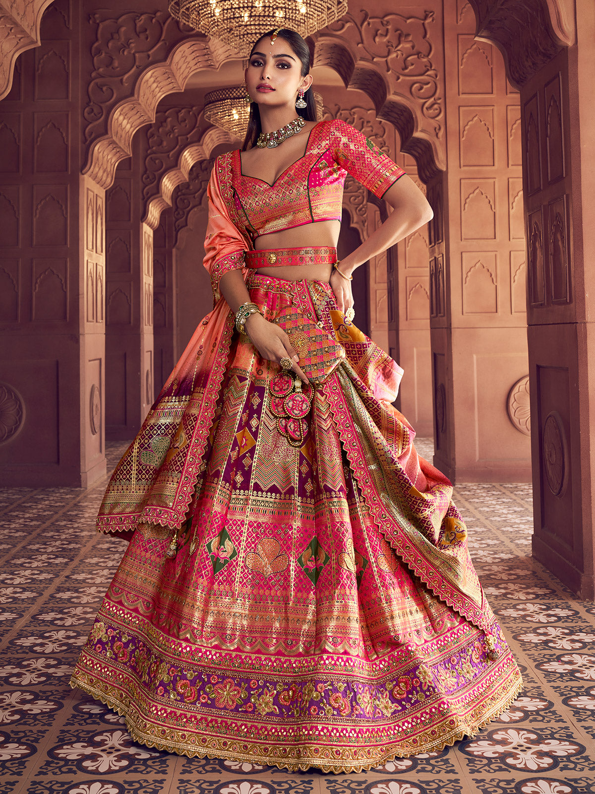 pink wedding wear silk lehenga choli in banarasi silk