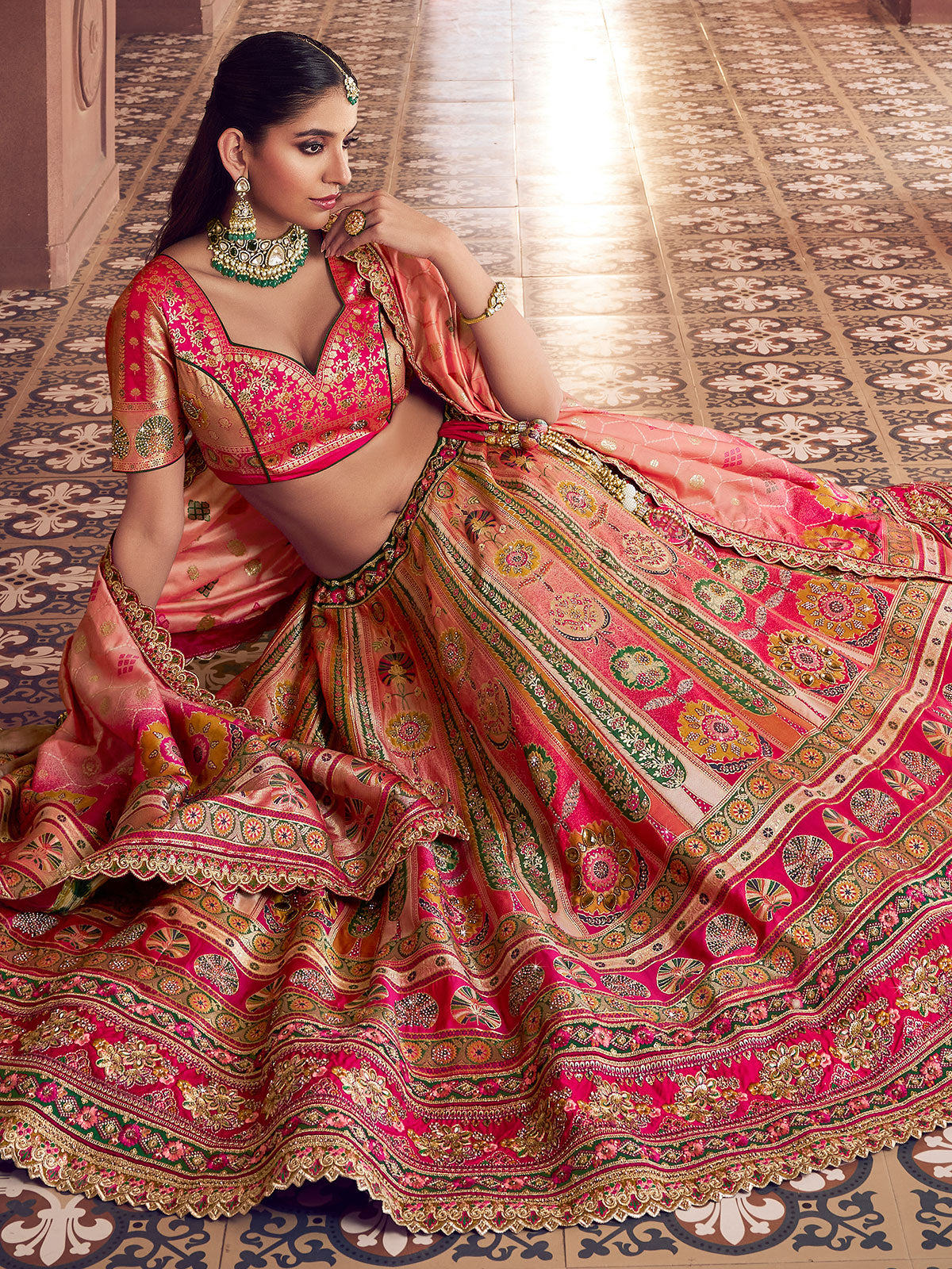 Pink banarasi silk lehenga choli with rich zari shine