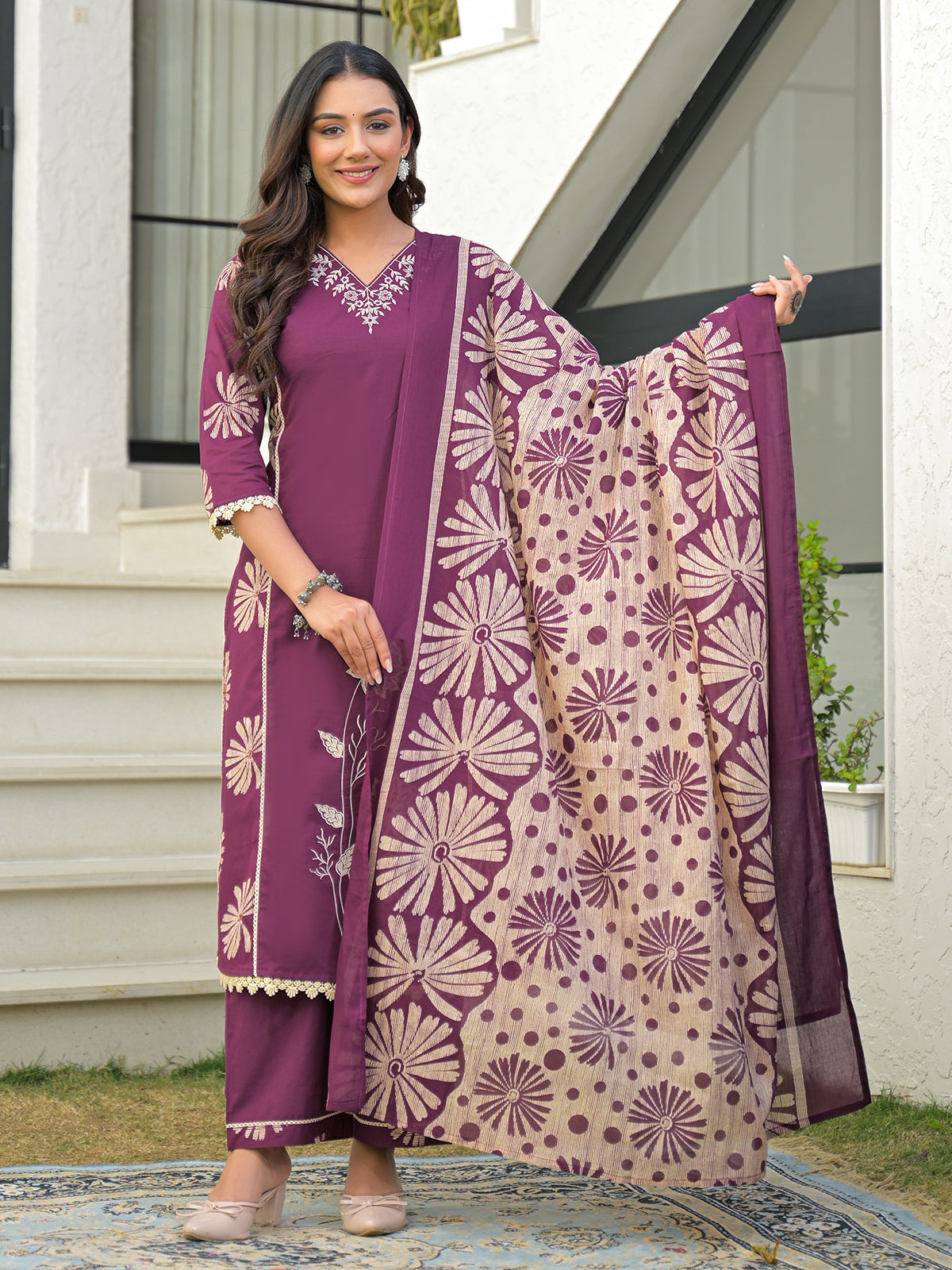 Purple festive wear cotton kurti set