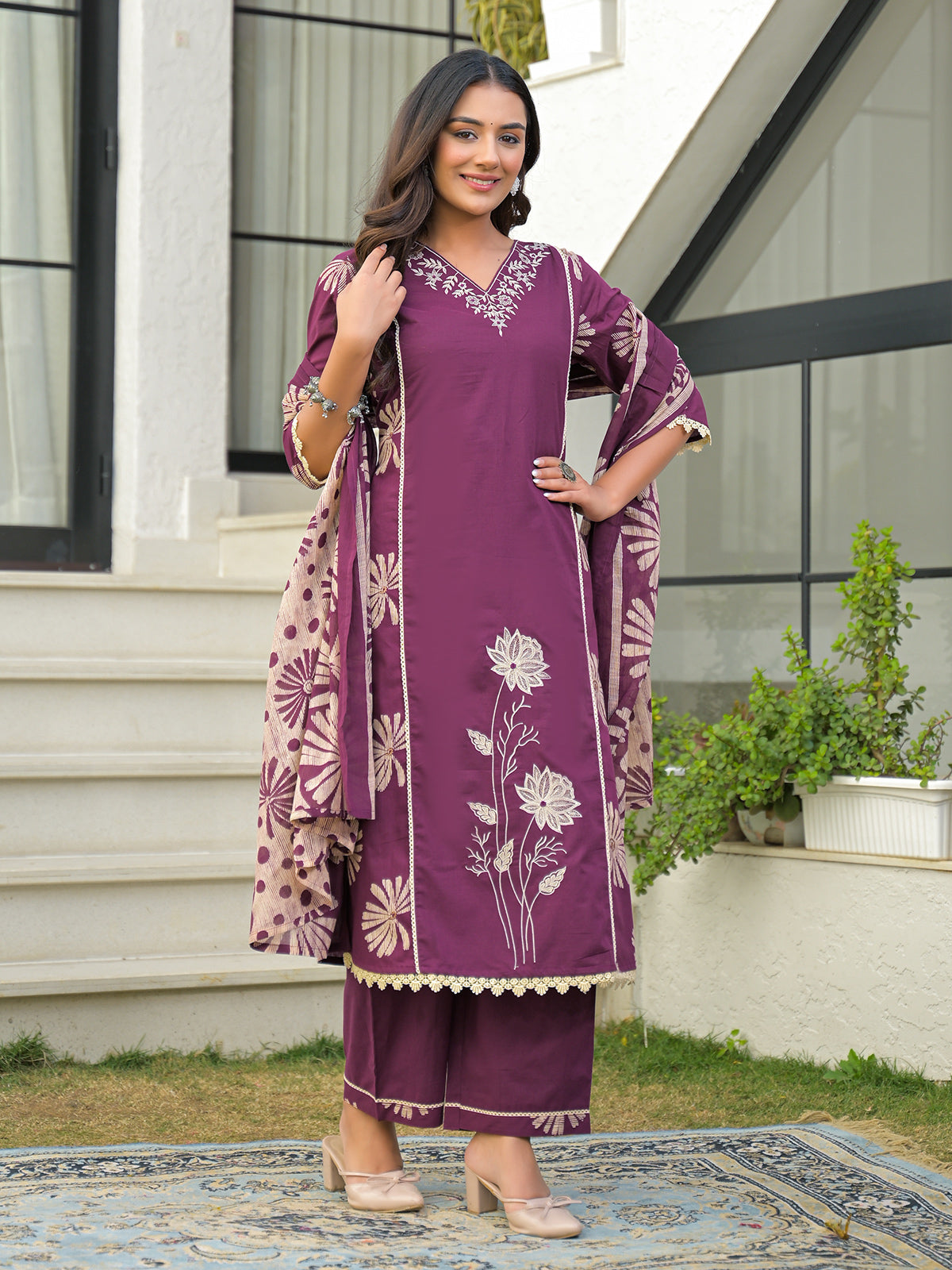 Purple festive wear cotton kurti set