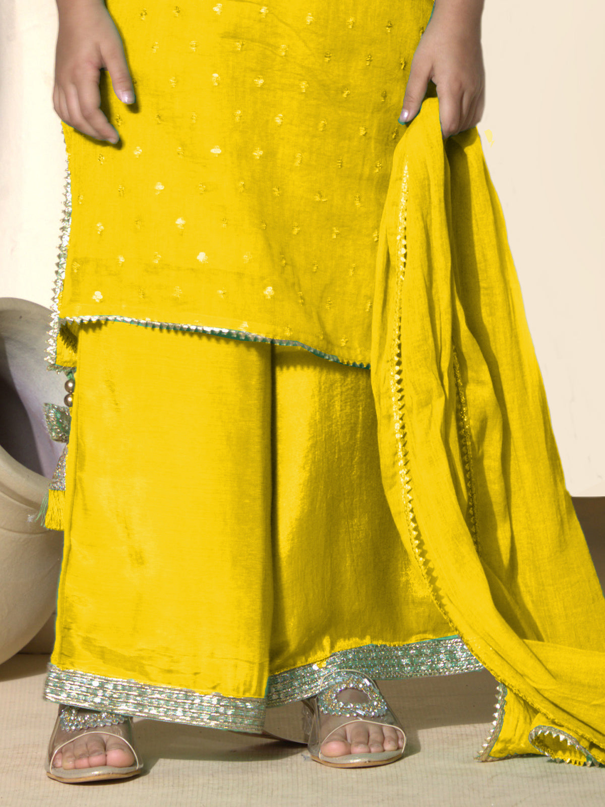 Yellow tissue silk palazzo suit for girls