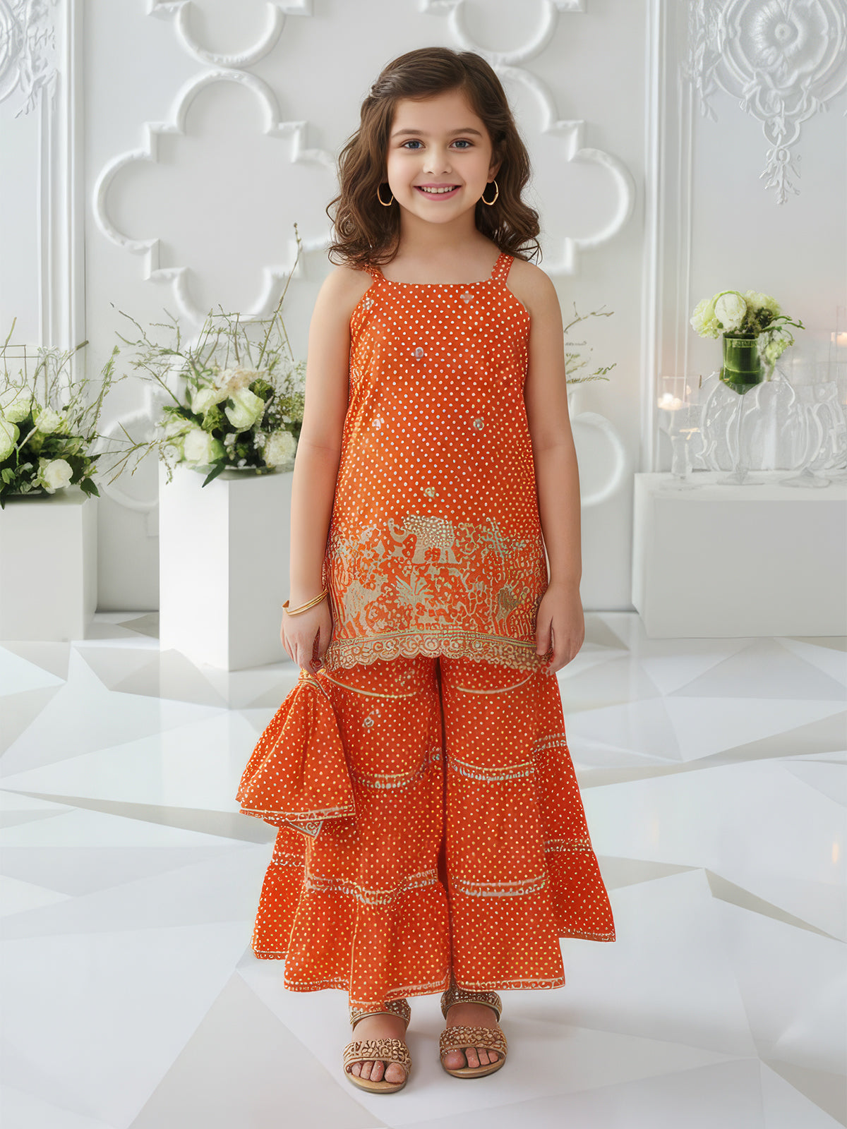 Orange silk printed sharara suit with dupatta