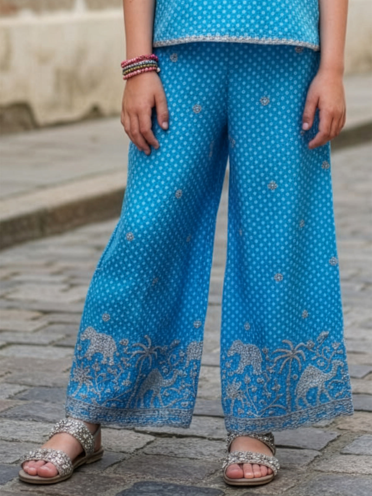 Blue printed silk co ord set for girls