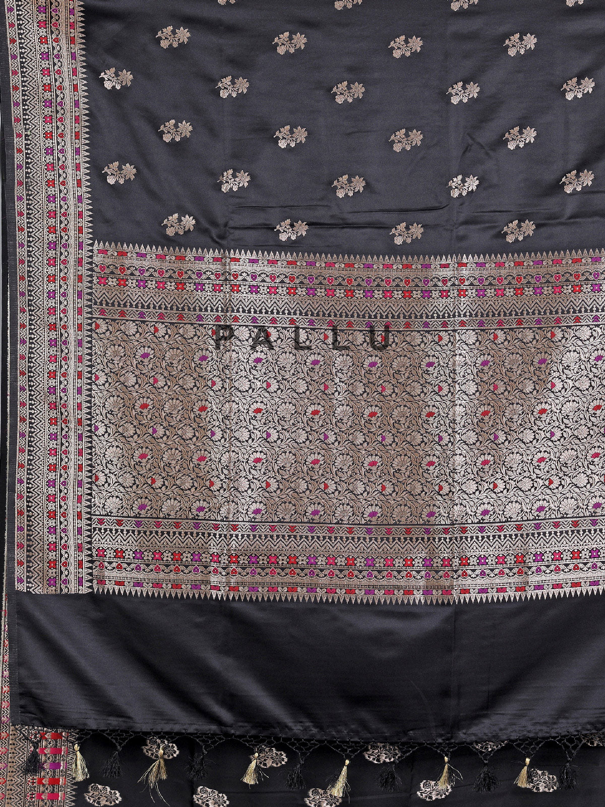 Black silk saree with zari and colorful motifs