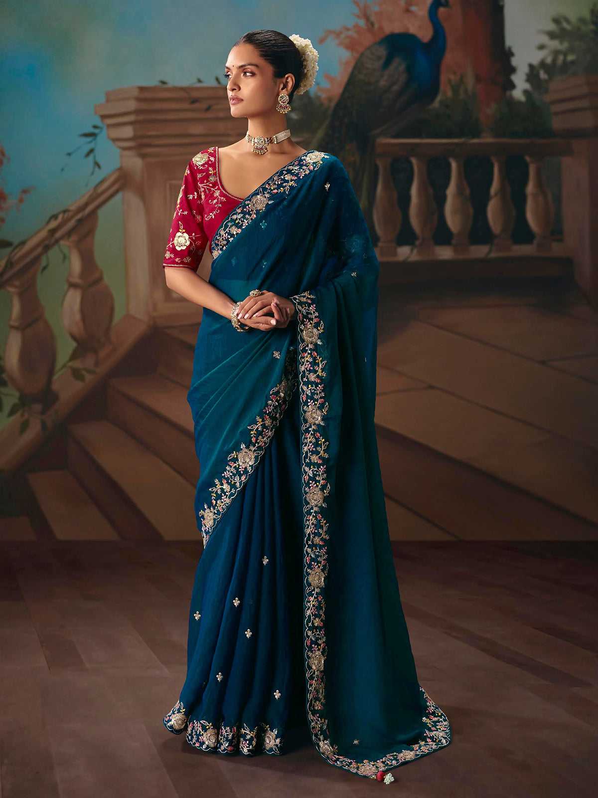 Rama blue fancy tissue silk butti saree