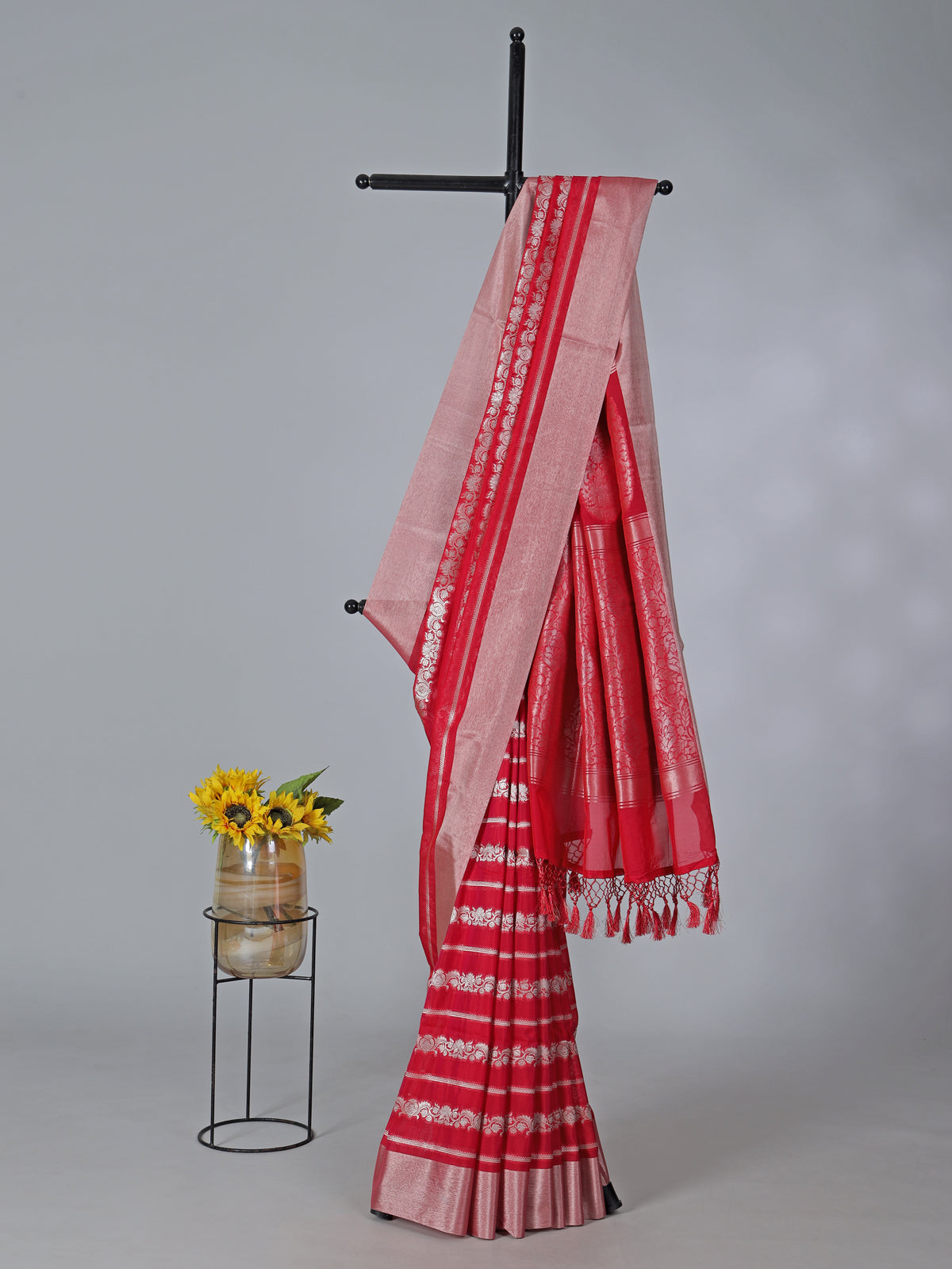 Red art silk zari work saree for celebrations