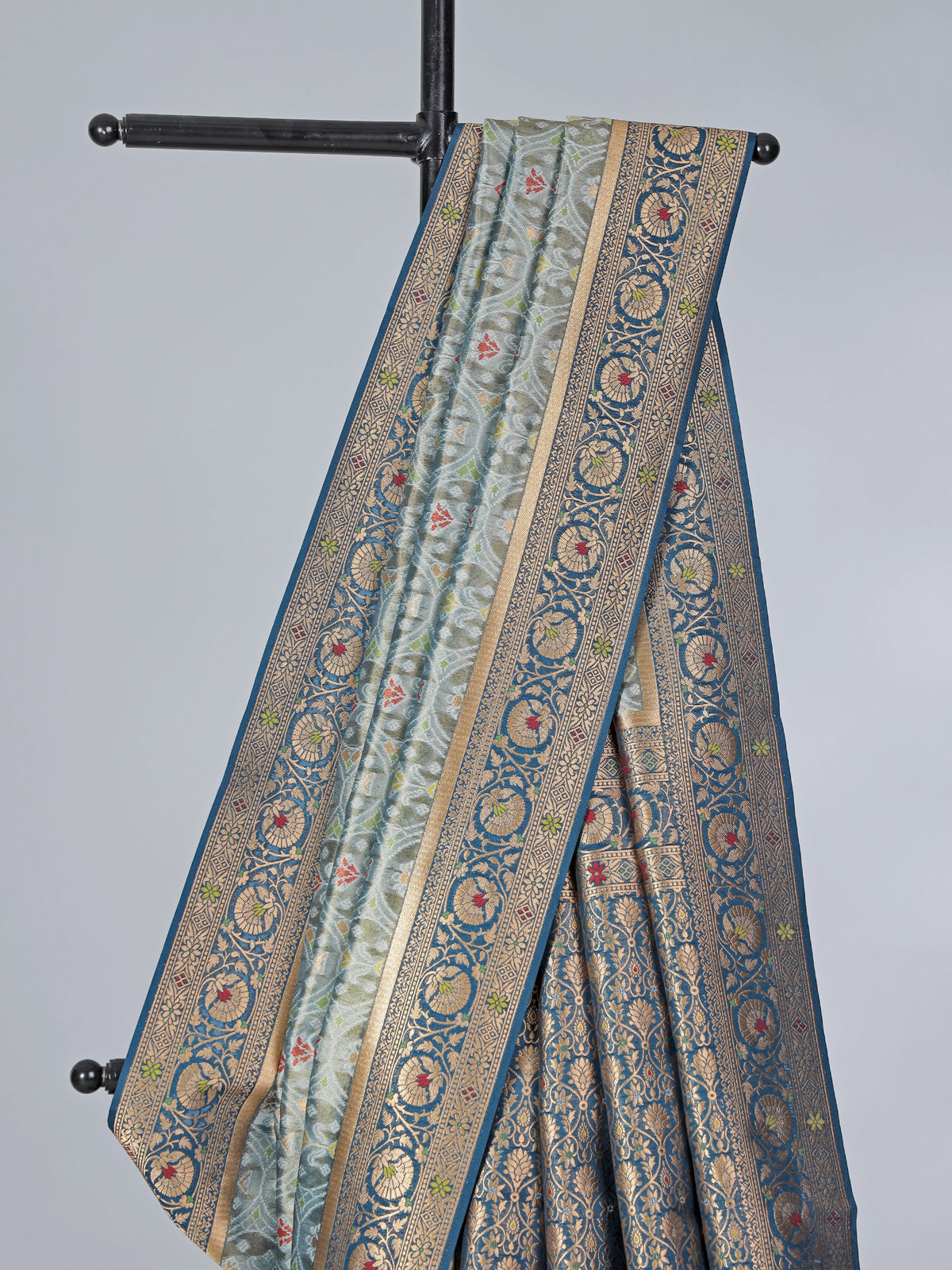 Light blue art silk floral printed zari saree