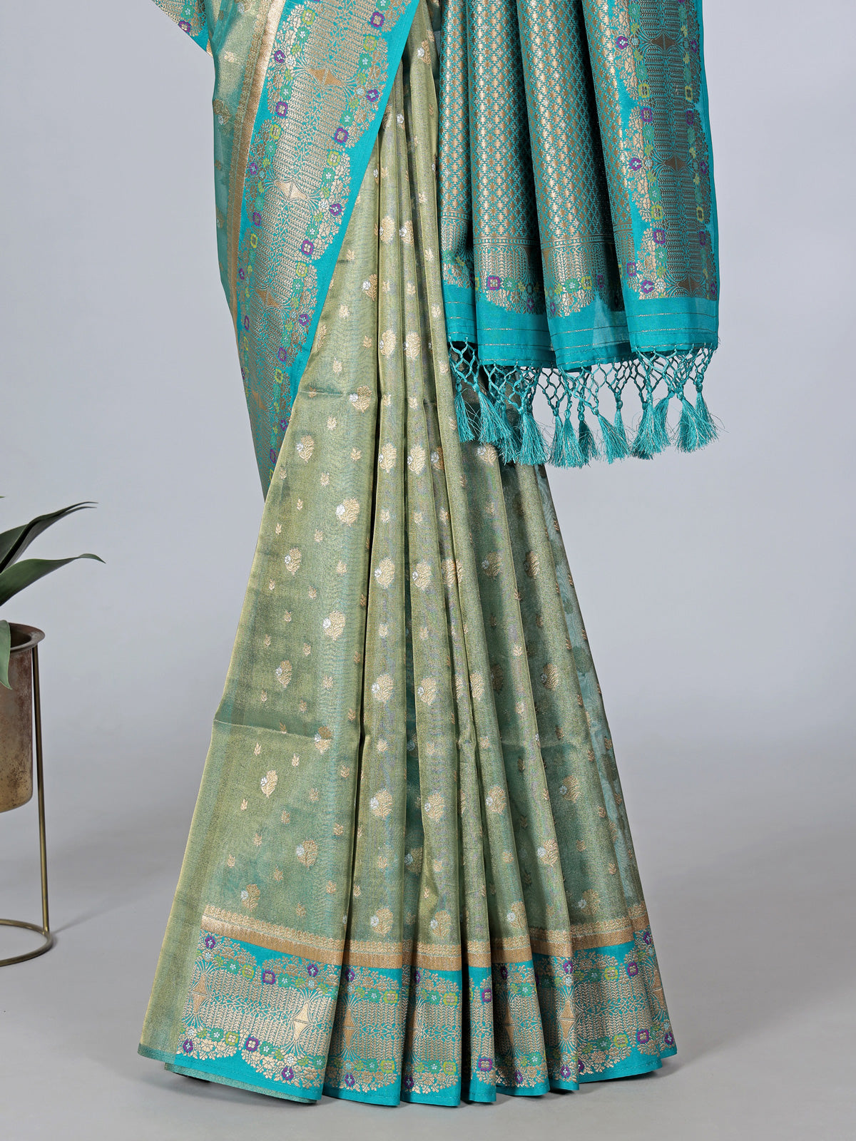 Aqua blue art silk zari contrast border saree