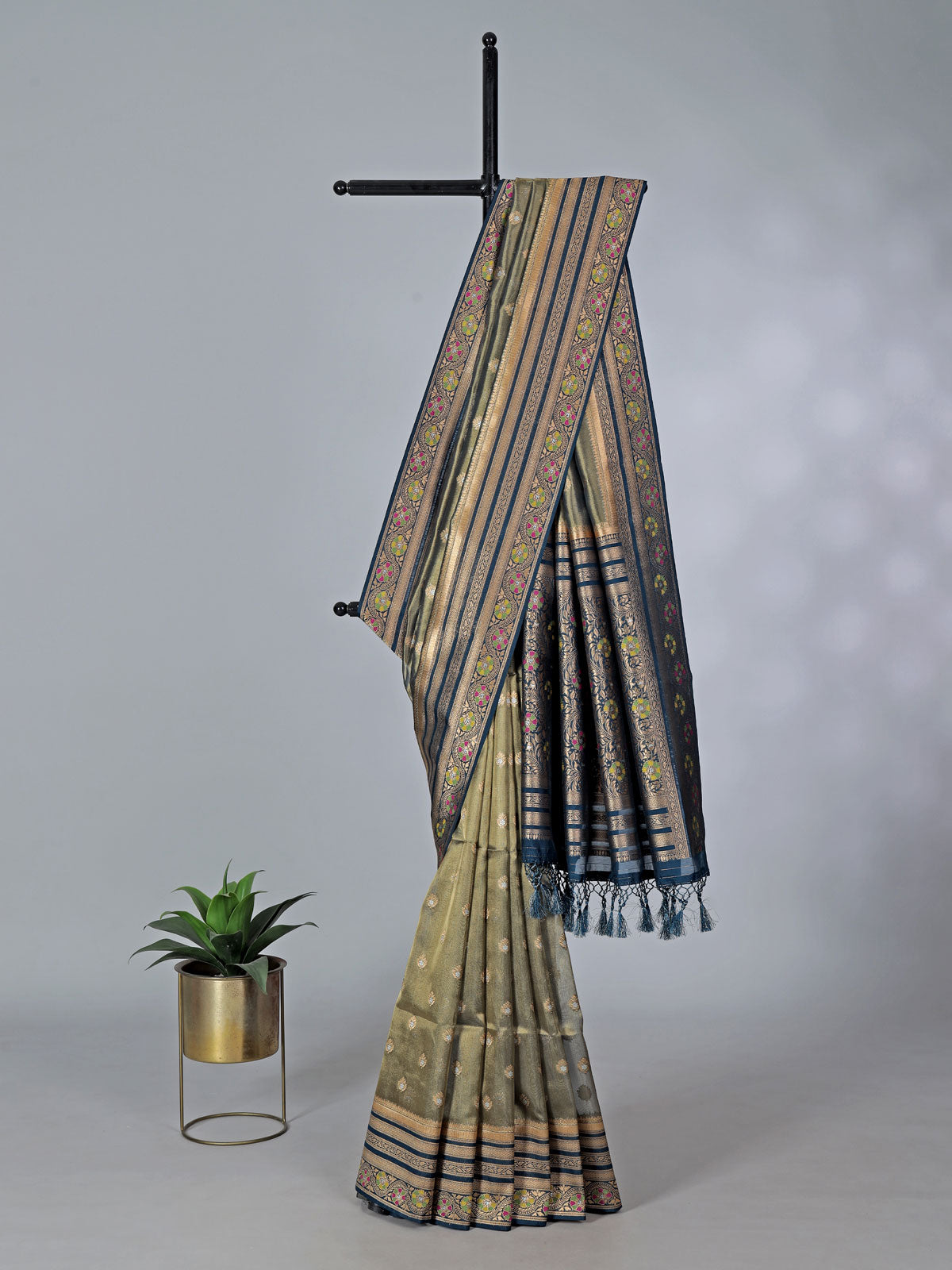 Navy art silk floral printed zari border saree