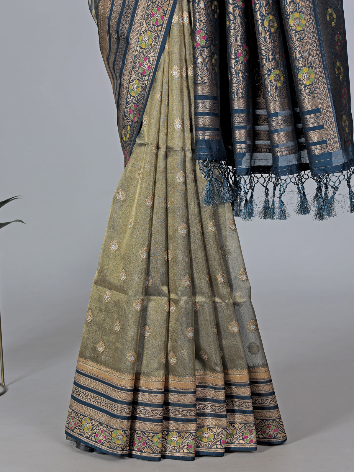 Navy art silk floral printed zari border saree
