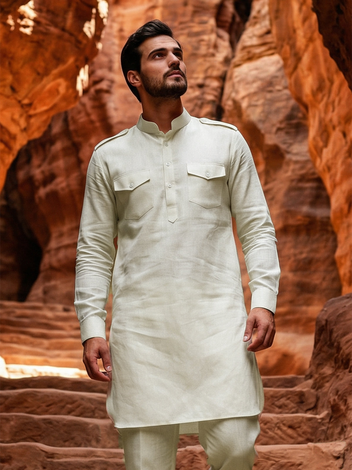 Pista green festive mandarin pathani suit